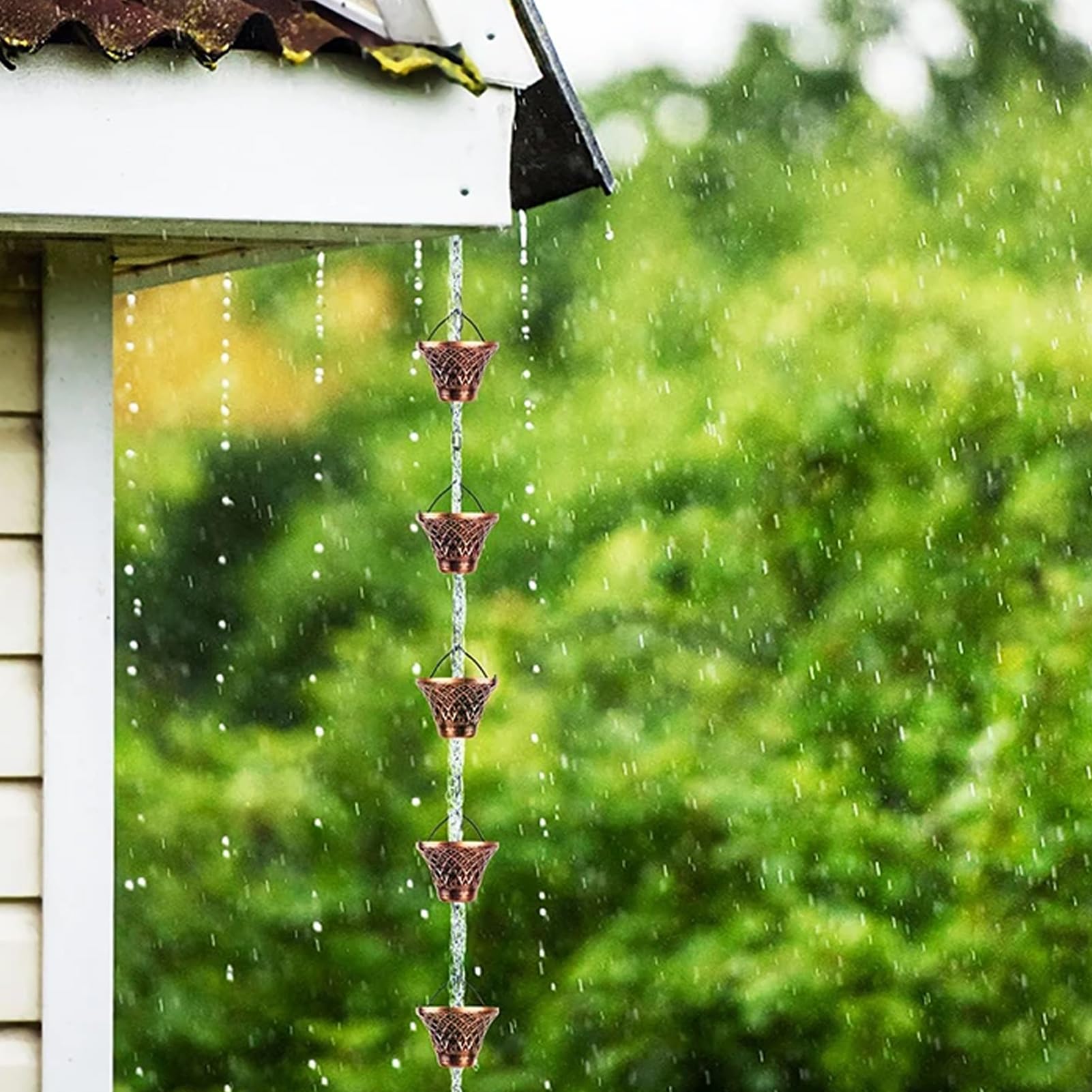 Genérico Cadena De Lluvia,Tubo De Desagüe De Cobre 2.7 Metros - 12 Tazas para Canalones - para Techo Jardín Exterior Porche Árbol Casa