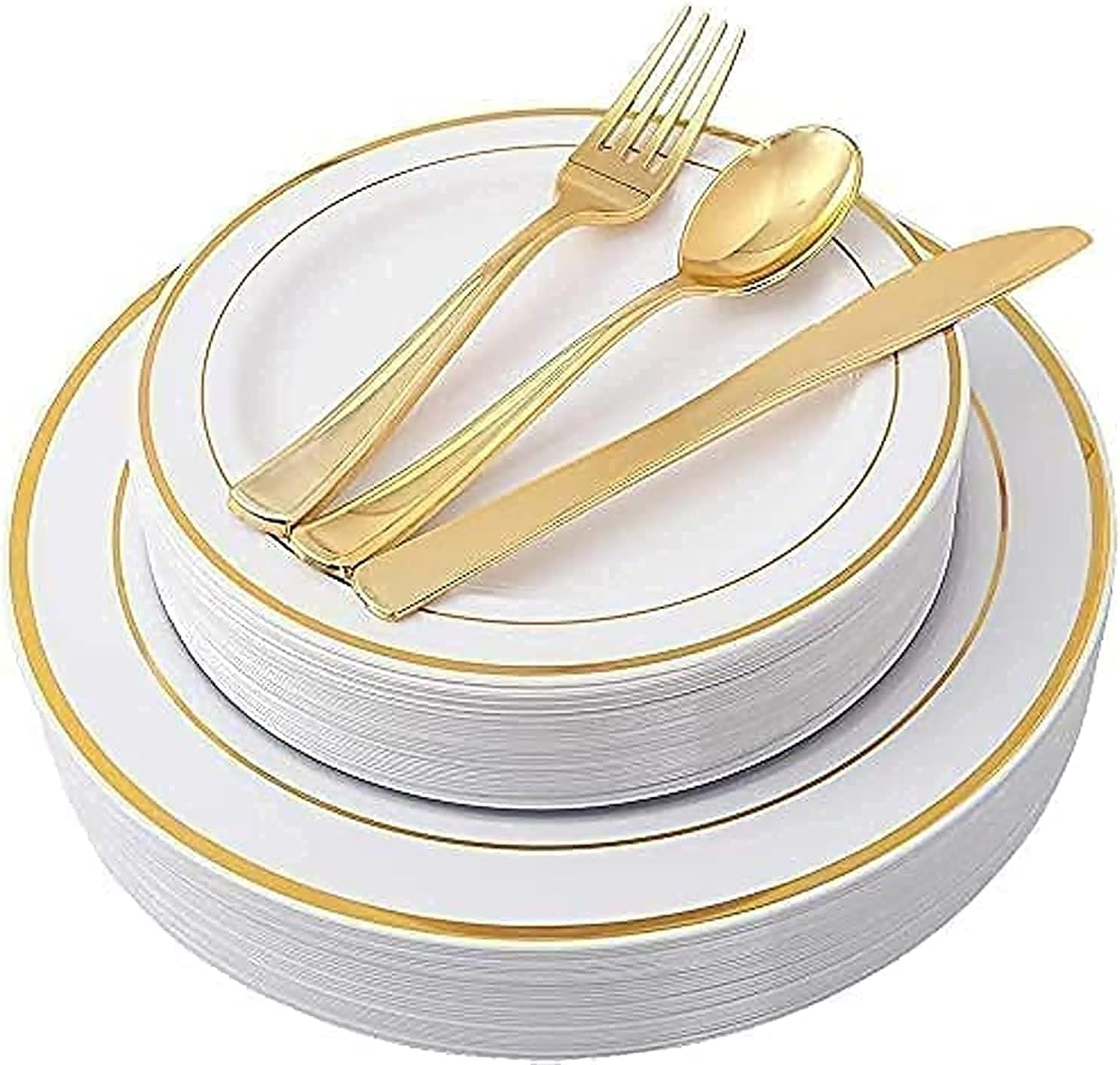 Aiwanto 125 Piece Dinnerware Set - 50 Design Plastic Plates(25 Dinner Plates and 25 Dessert/Salad Plates)- 25 Plastic ware, 25 Guest Disposable Dinnerware Set (Gold)