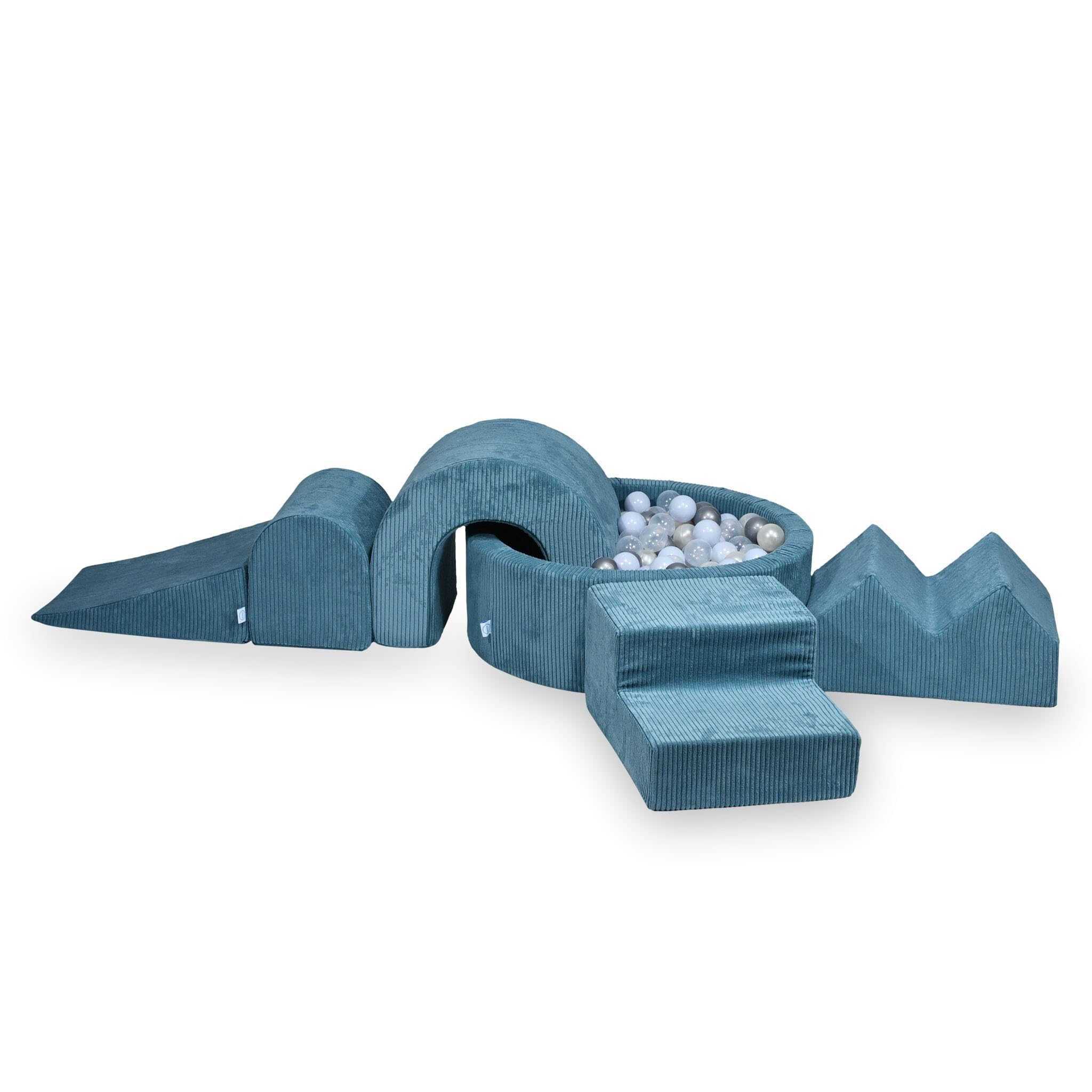 Mimii Parco giochi in gommapiuma con piscina di palline rotonda, 90 x 30 cm, corduroy, blu, 5 elementi, giocattolo da arrampicata, per bambini e neonati, con 200 palline: trasparente/argento/azzurro