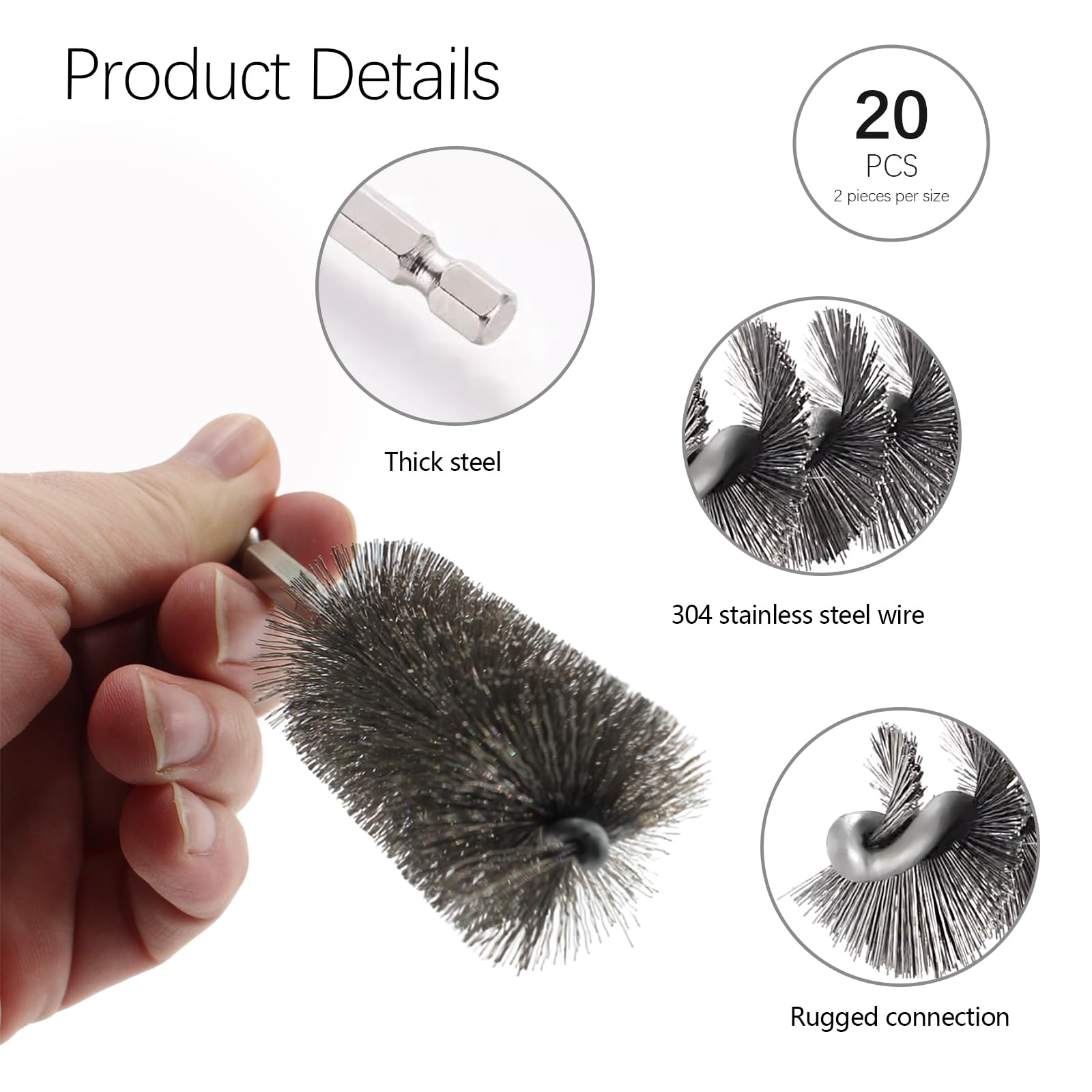 Stainless Steel Wire Bore Brushes - 20 Pack for Drill -3