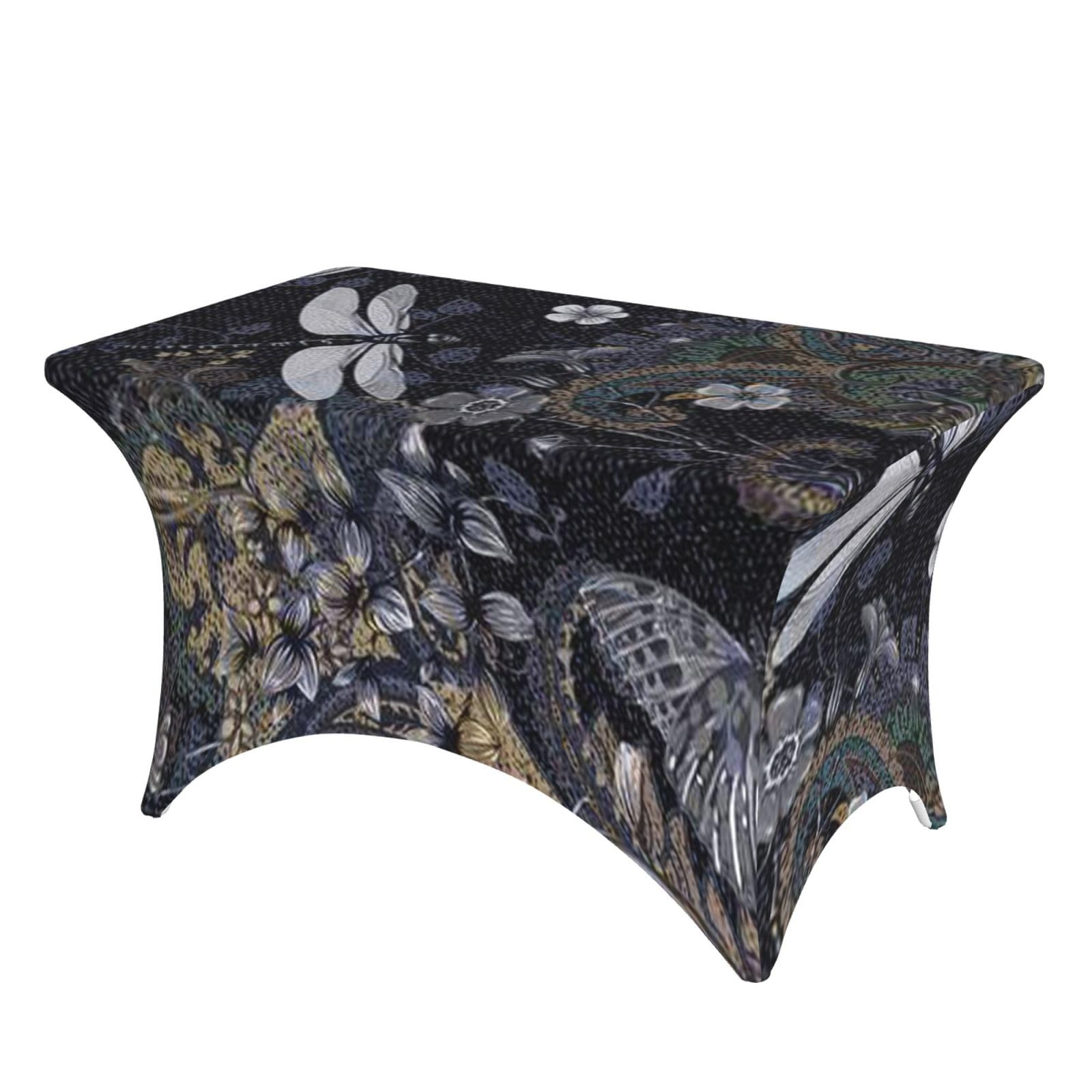 Dcehgew Dragonflies Grey 4Ft Spandex Rectangular Table Cloth, Printed Fitted Elastic Tablecloths Washable Table Cover For Event, Wedding, Banquet & Party