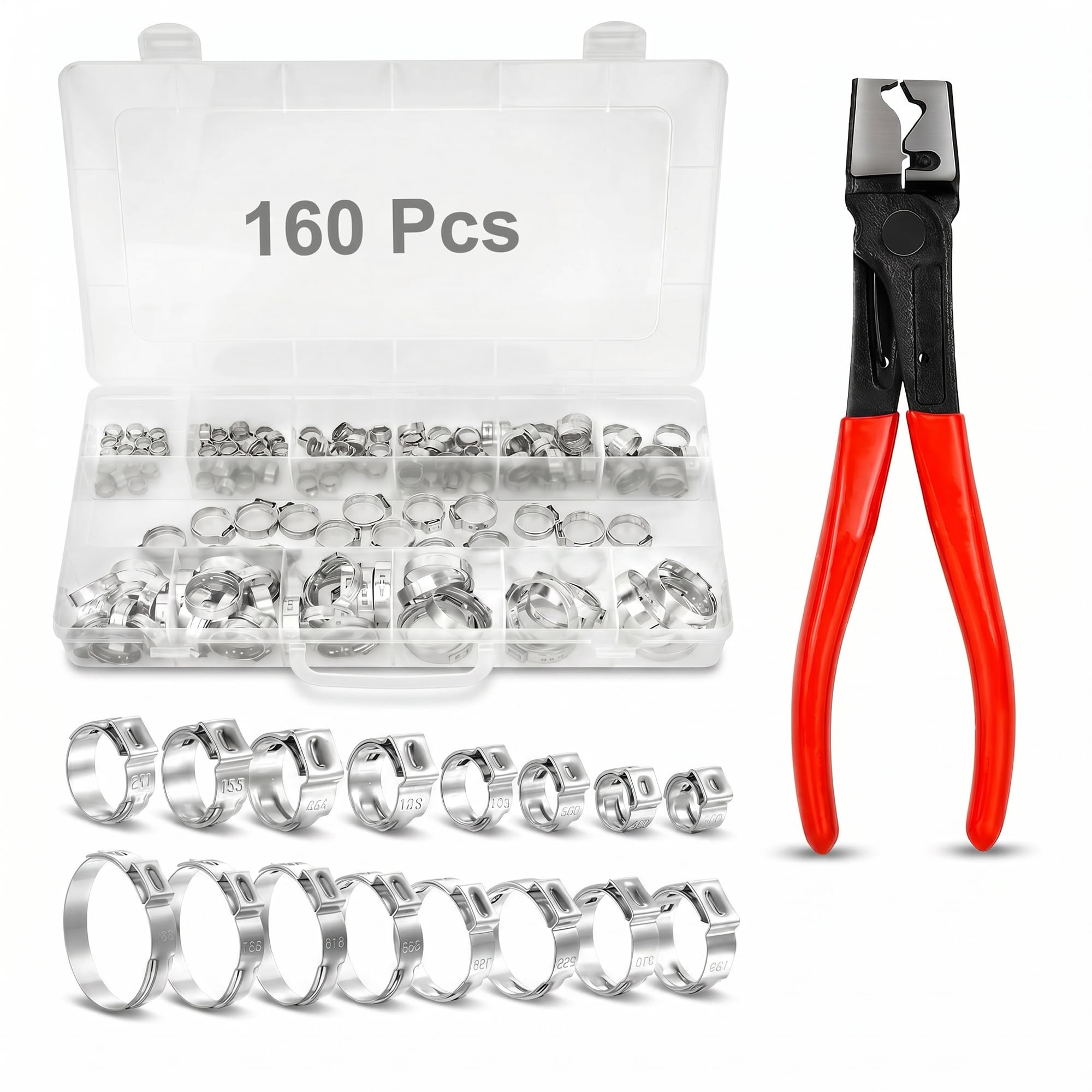 160PCS Schlauchschellen Set Edelstahl 304 mit Schlauchklemmenzange, 14 Größen (5,3-33,1mm) Einohr Schlauchklemmen Sortiment für Auto, Haushalt & Sanitär – Rostfrei & Auslaufsicher