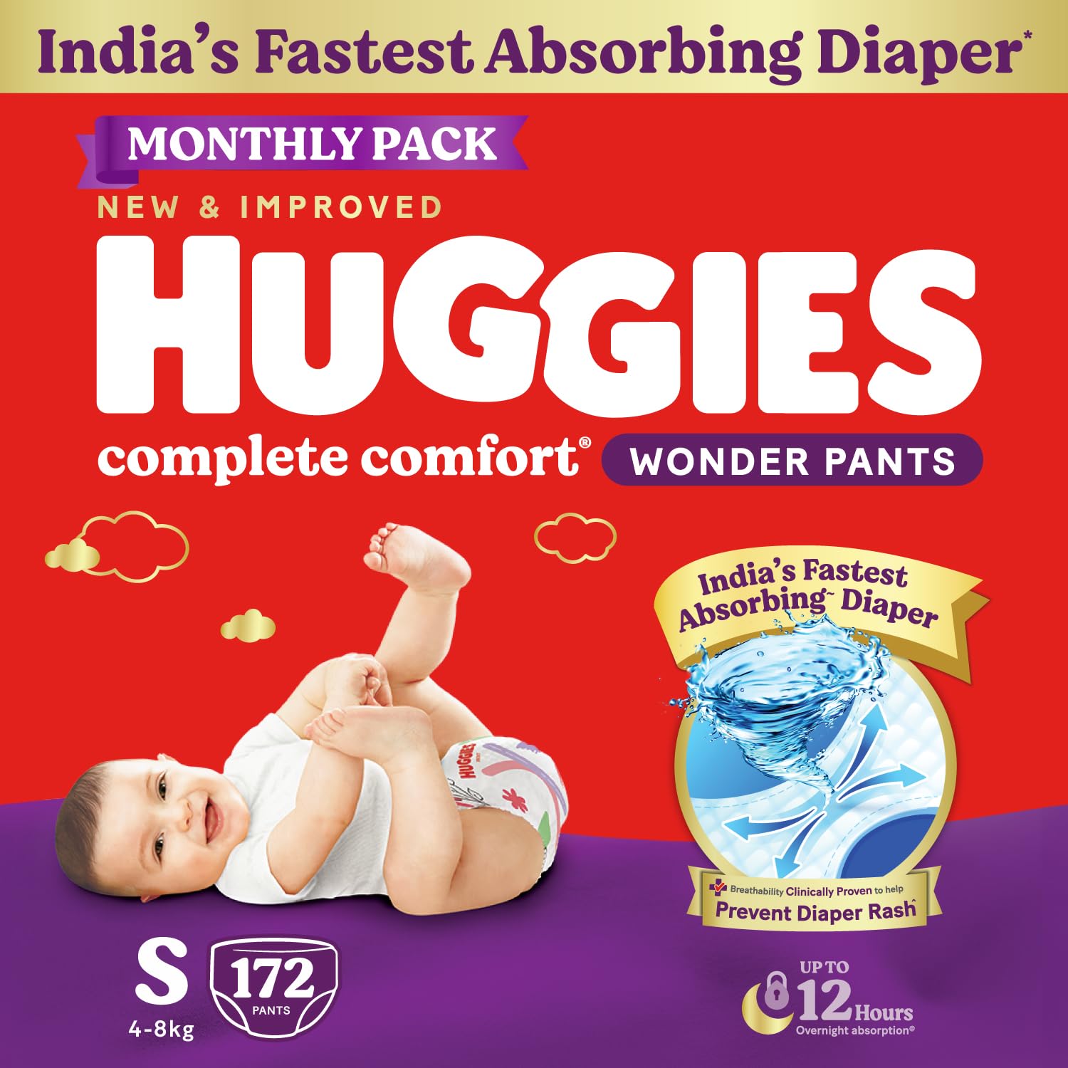 Huggies Complete Comfort Wonder Pants | Pant Style Baby Diapers Small Size, 172 Count | India’s Fastest Absorbing Diaper, Prevents Diaper Rash, Ideal for 4 to 8 Kgs