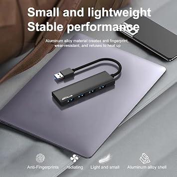 USB Hub, USB 3.0 Hub Aluminum Alloy Ultra Slim USB Splitter, Portable 4 Port USB Extender, USB Hub for Laptop, PC, MacBook, iMac, Surface Pro, Mac Pro, Flash Drive, XPS Black
