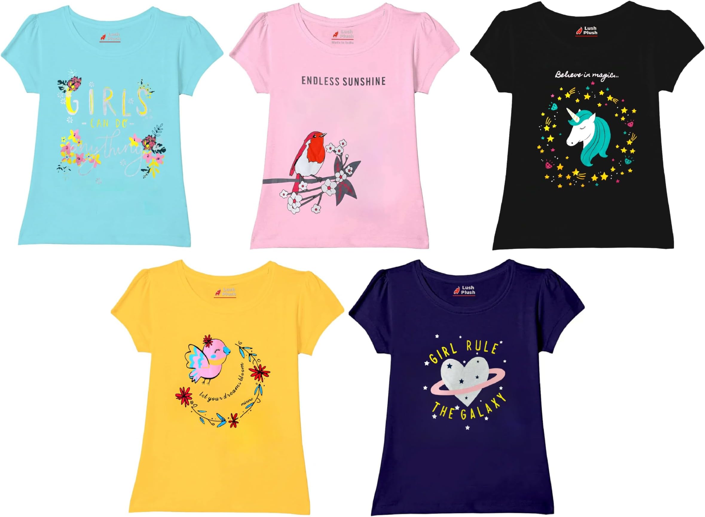Lush Plush Cotton Half Sleeves Printed T-Shirt (Pack of 5)