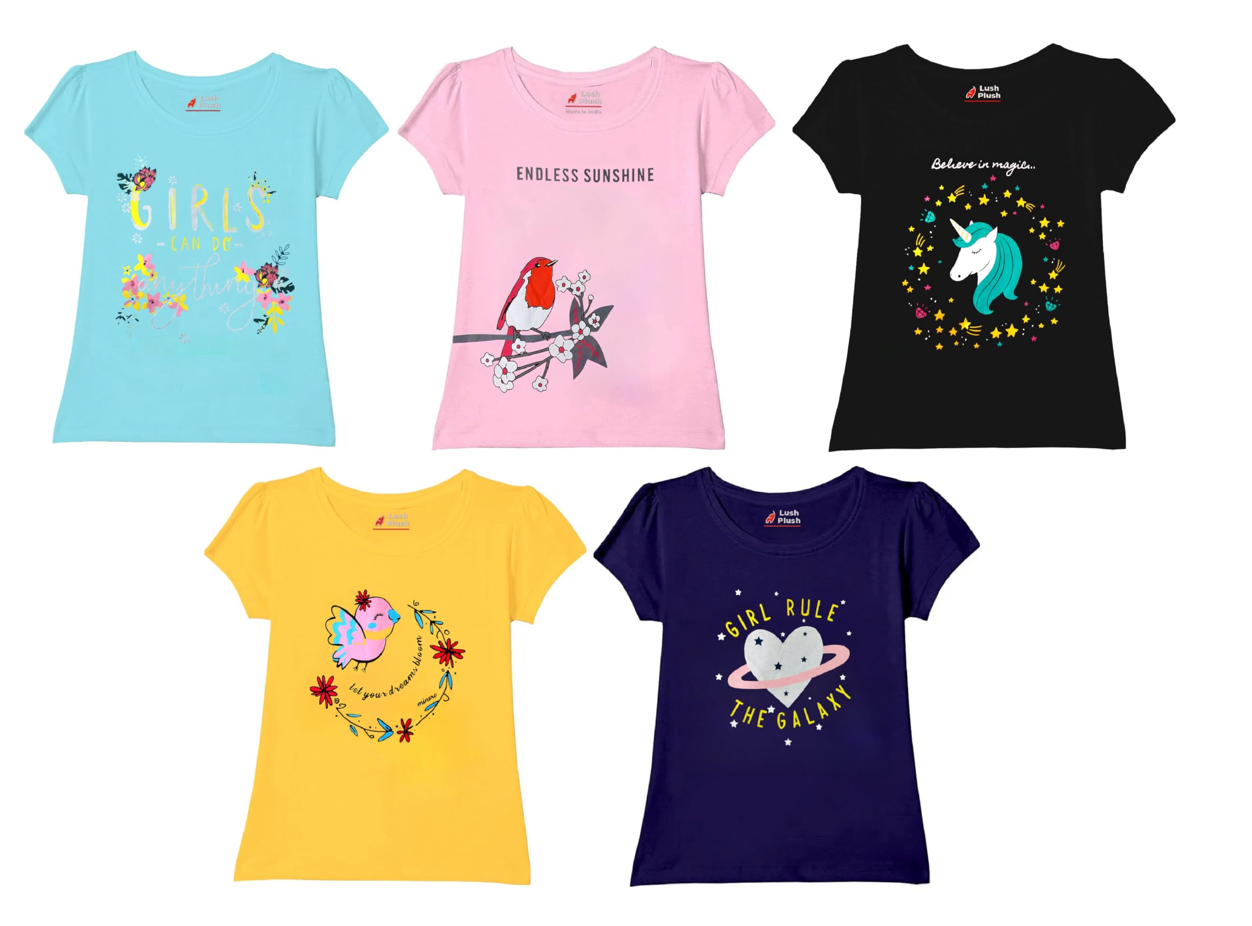 Lush Plush Cotton Half Sleeves Printed T-Shirt (Pack of 5)