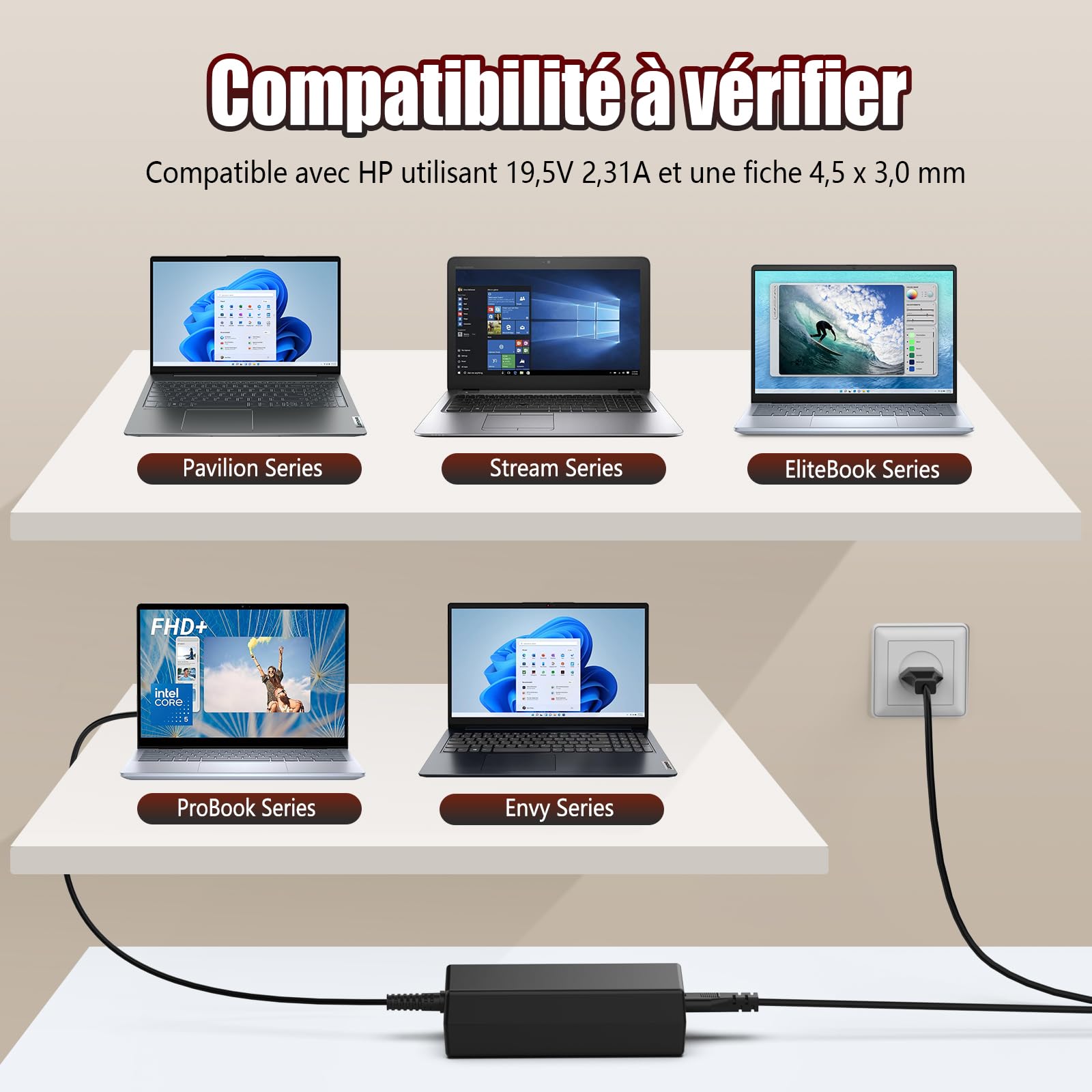 Chargeur Ordinateur Portable pour HP 45W 19,5V 2,31A Alimentation 4,5 x 3,0 | Compatible avec HP Pavilion x360, EliteBook, ProBook, Envy, Spectre, Stream, Remplace 741727-001
