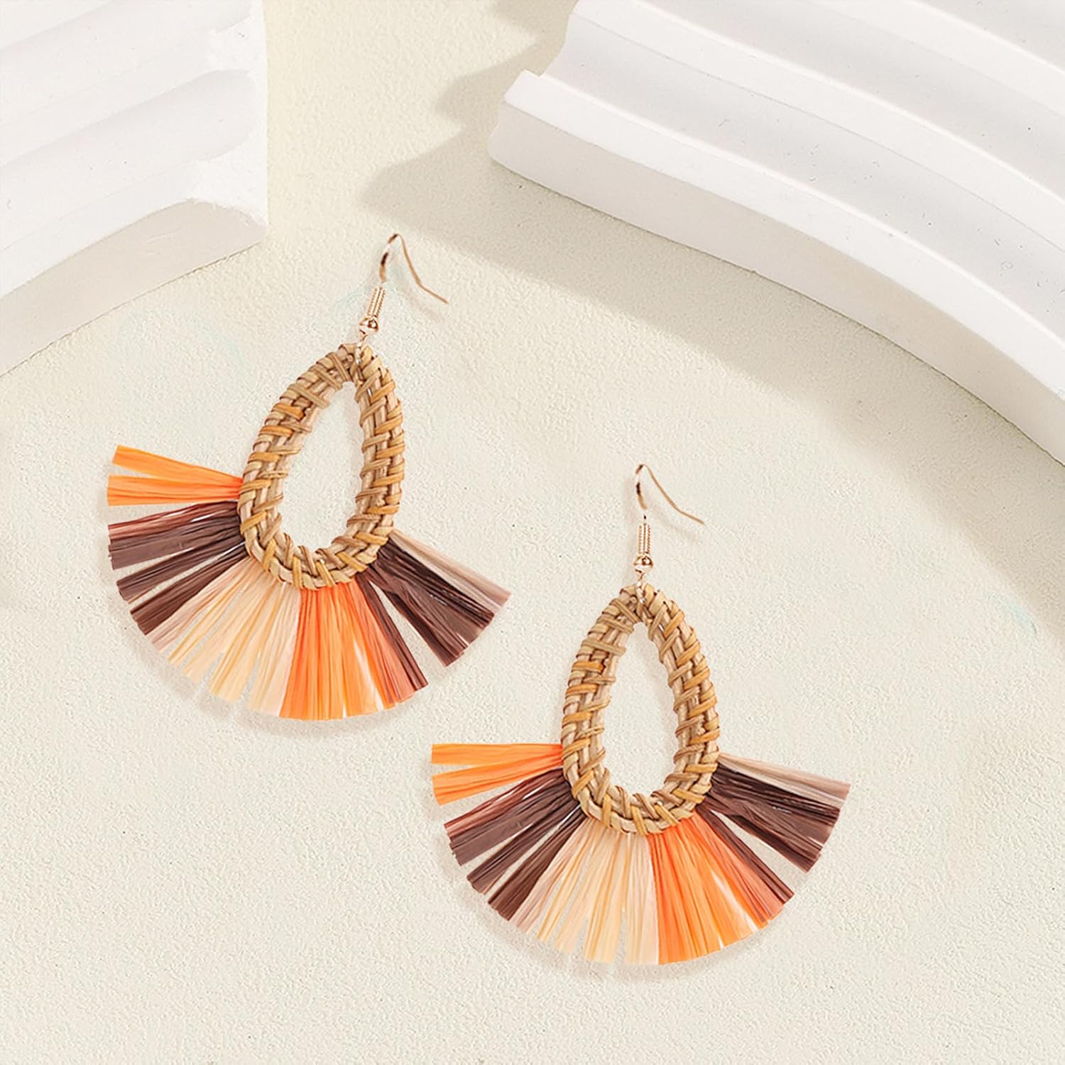 Statement Raffia Earrings Boho Summer Beach Earrings for Women Handmade Fashion Rattan Fringe Tassel Earring Lightweight Straw Wicker Dangle Drop Earring Bohemian Gift Jewelry - Image 5