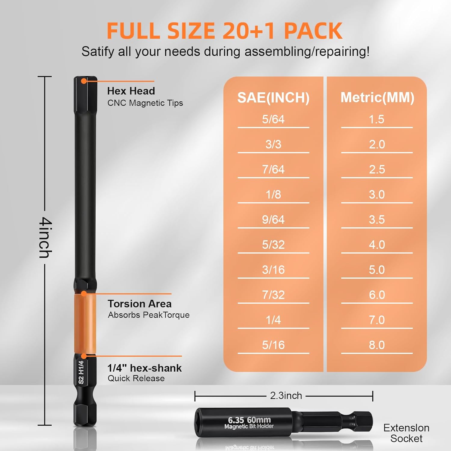Allen Wrench Drill Bit Set with Extension Socket - 20pcs 4" Long Hex Bits (Metric & SAE) with 1/4" Hex Shank, S2 Steelm, Heavy-Duty Magnetic CNC Machined Tips for Impact Drivers