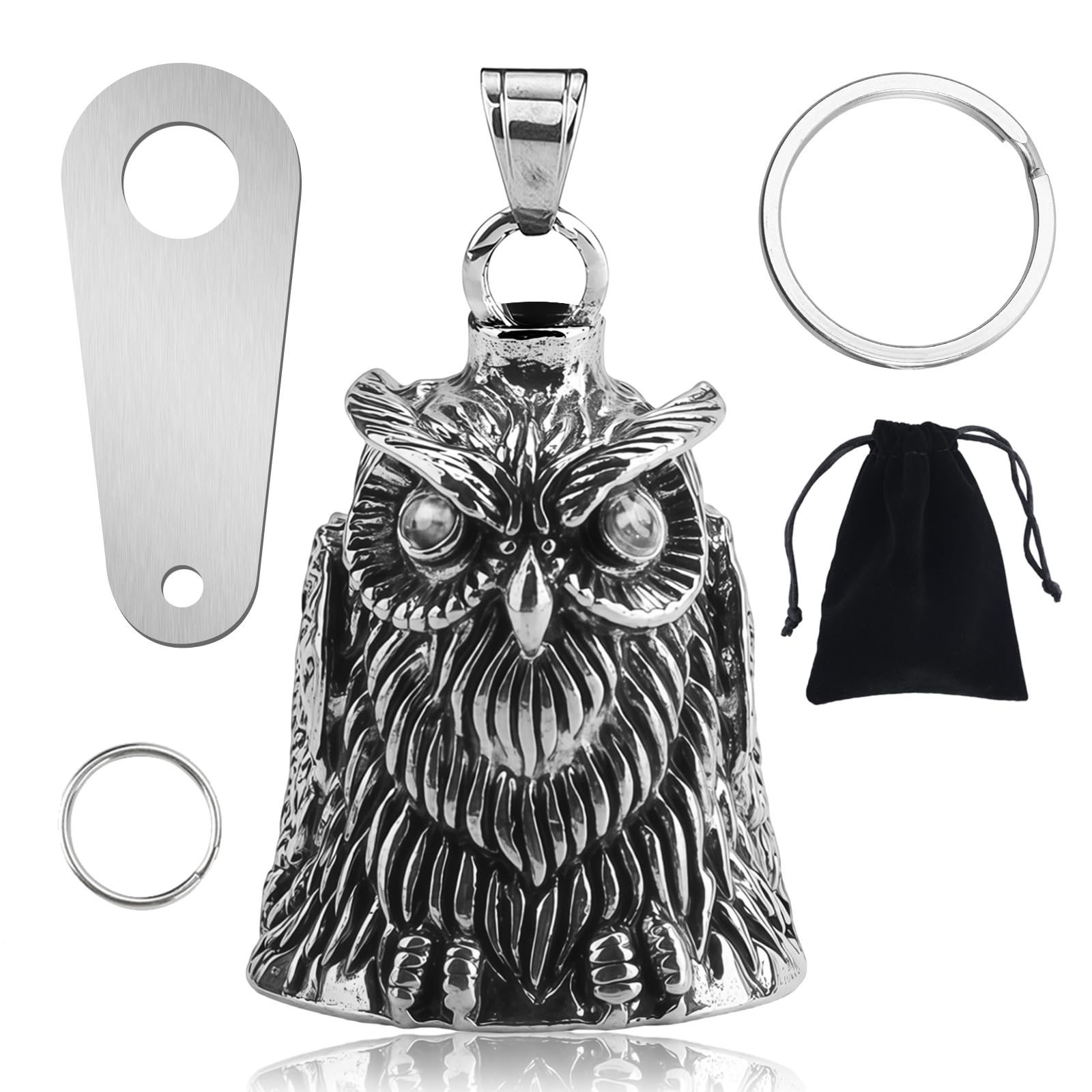 HIAHXC Owl Guardian Motorcycle Bell, Biker Good Luck Bell with Keychain, Silver Mounting Plate and Black Velvet Bag, Lucky Riding Bell & Drive Safe Pendant for Motorcycle Riders (White)