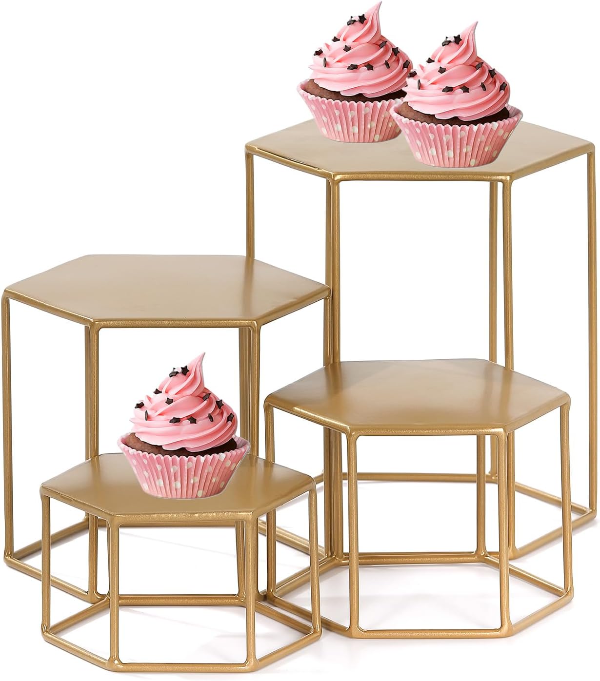 MinWadil Set of 4 Metal Display Risers, Brass Hexagonal Nesting Buffet Riser Set