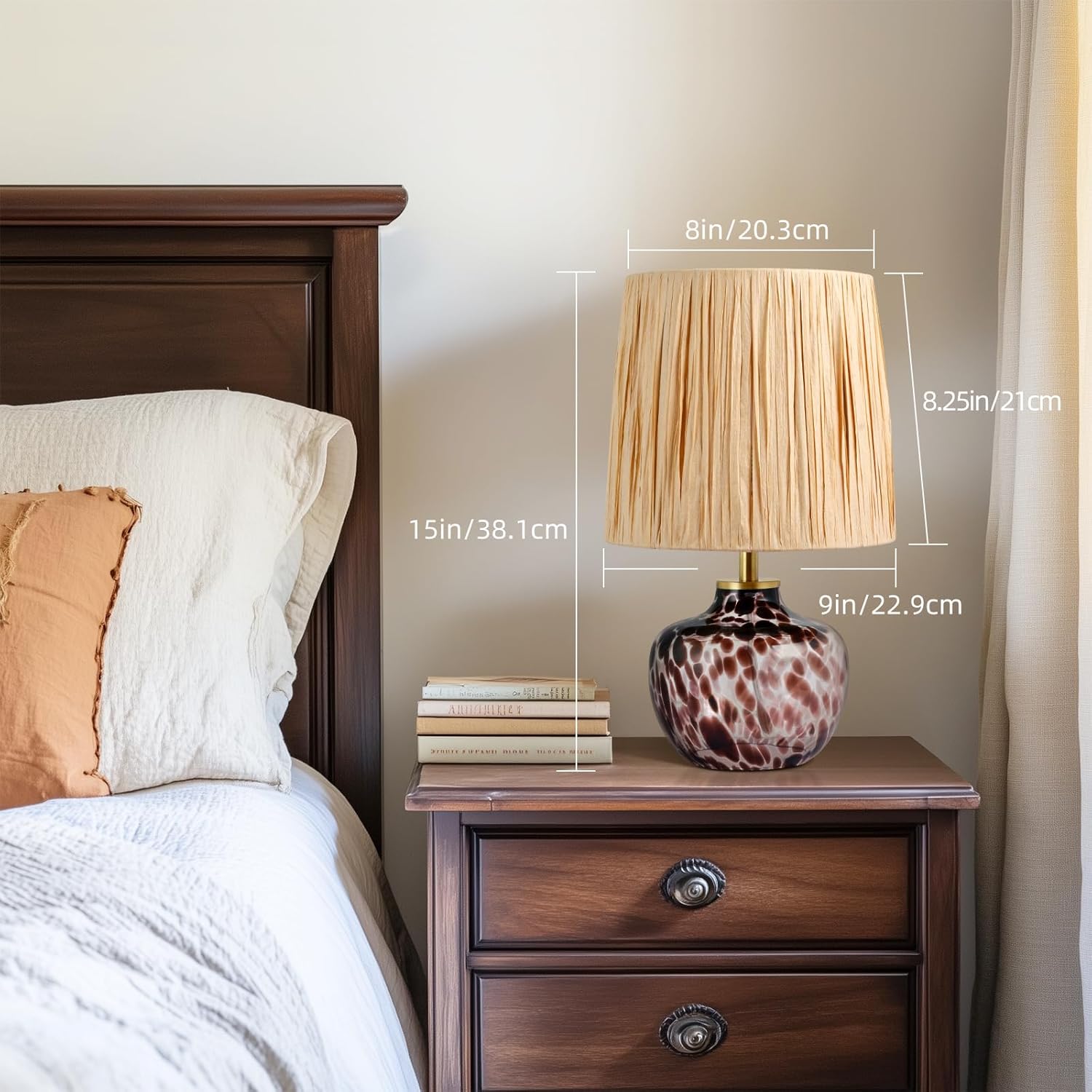 15" Hand-Blown Glass Table Lamp, Natural Raffia Shade, Mesmerizing Leopard-Print Base, Small Accent Lamp for Bedroom Nightstand, Living Room, Entryway, Kitchen Counter (Bulb Not Included)