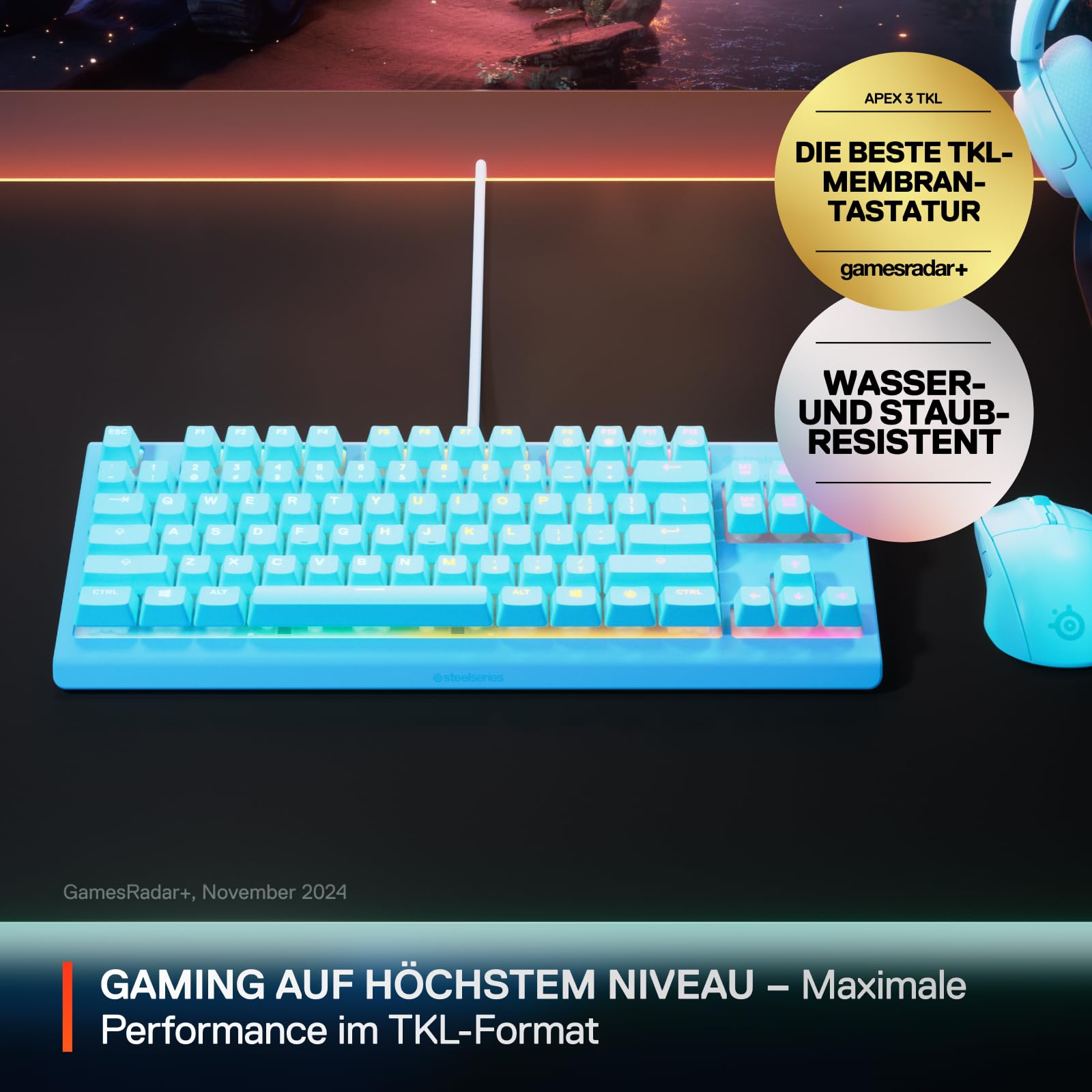SteelSeries Apex 3 TKL Aqua RGB Gaming-Tastatur – Kompakter Tenkeyless-Formfaktor – 8-Zonen-RGB-Beleuchtung – Wasser- und Staubresistenz – Flüsterleise Gaming-Switches - DE Layout QWERTZ – Bild 2