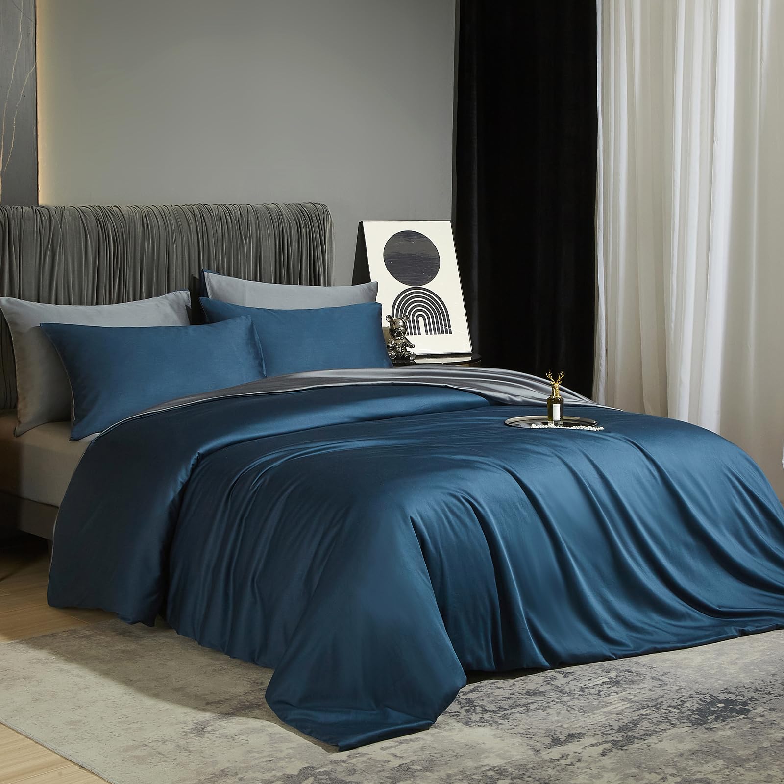 DXHOME Bamboo Bed Linen 200 x 220 cm Dark Blue Dark Grey Plain Bamboo Fibre Luxury Lyocell and Cool Reversible Bed Linen Soft Duvet Cover Double Bed Duvet Cover with Zip and 2 Pillowcases 80 x 80 cm