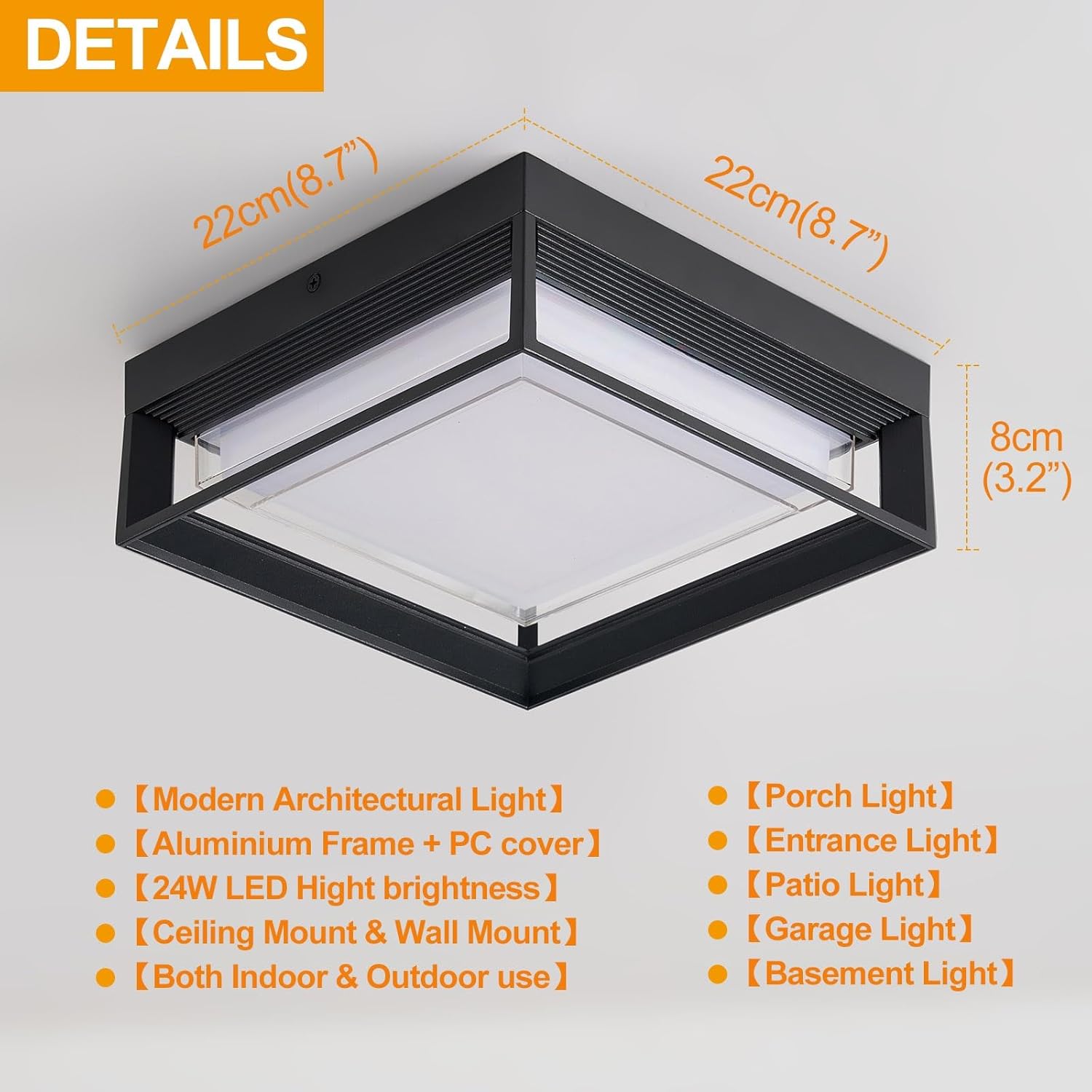 Square Flush Mount Outdoor LED Ceiling Light Fixture, 120V 24W 6000K Whitelight 9 inch Medium Overhead Porch Patio Balcony Lights Ceiling Mounted, Waterproof Suitable for Wet Areas, Black