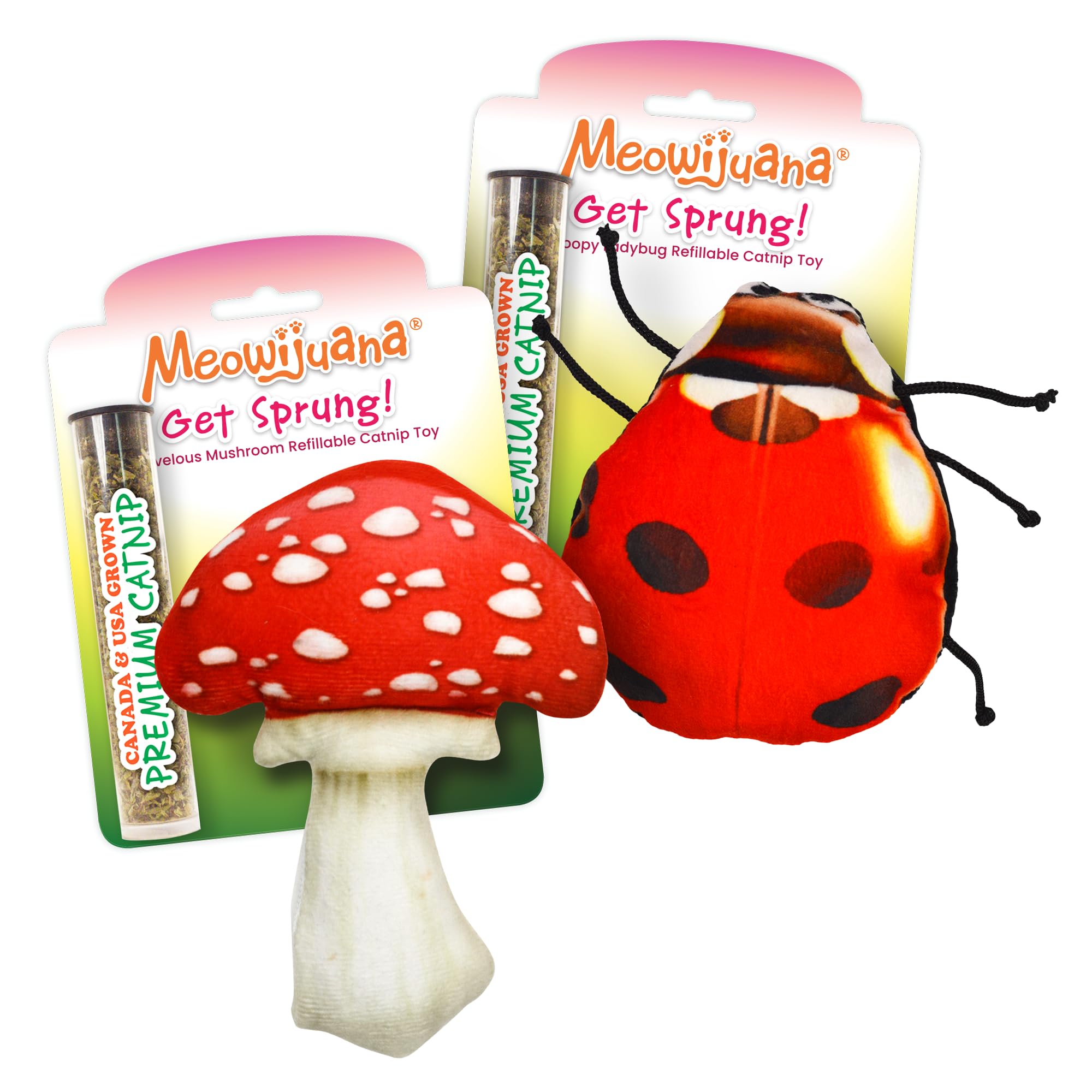 Meowijuana | Get Sprung Refillable Ladybug and Mushroom Cat Toys | Includes North American Organic Catnip | Promotes Play and Cat Health