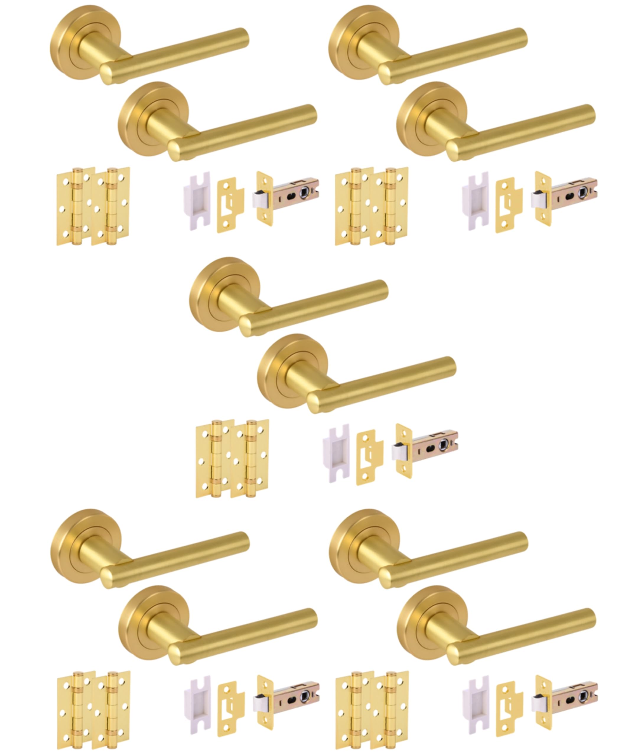 Hunta HANDLEZONE® 5 Sets Solus Internal Door Handles on Rose Lever Latch Packs, 76mm Latch, 75mm Ball Bearing Hinges - Brushed Brass — image 1
