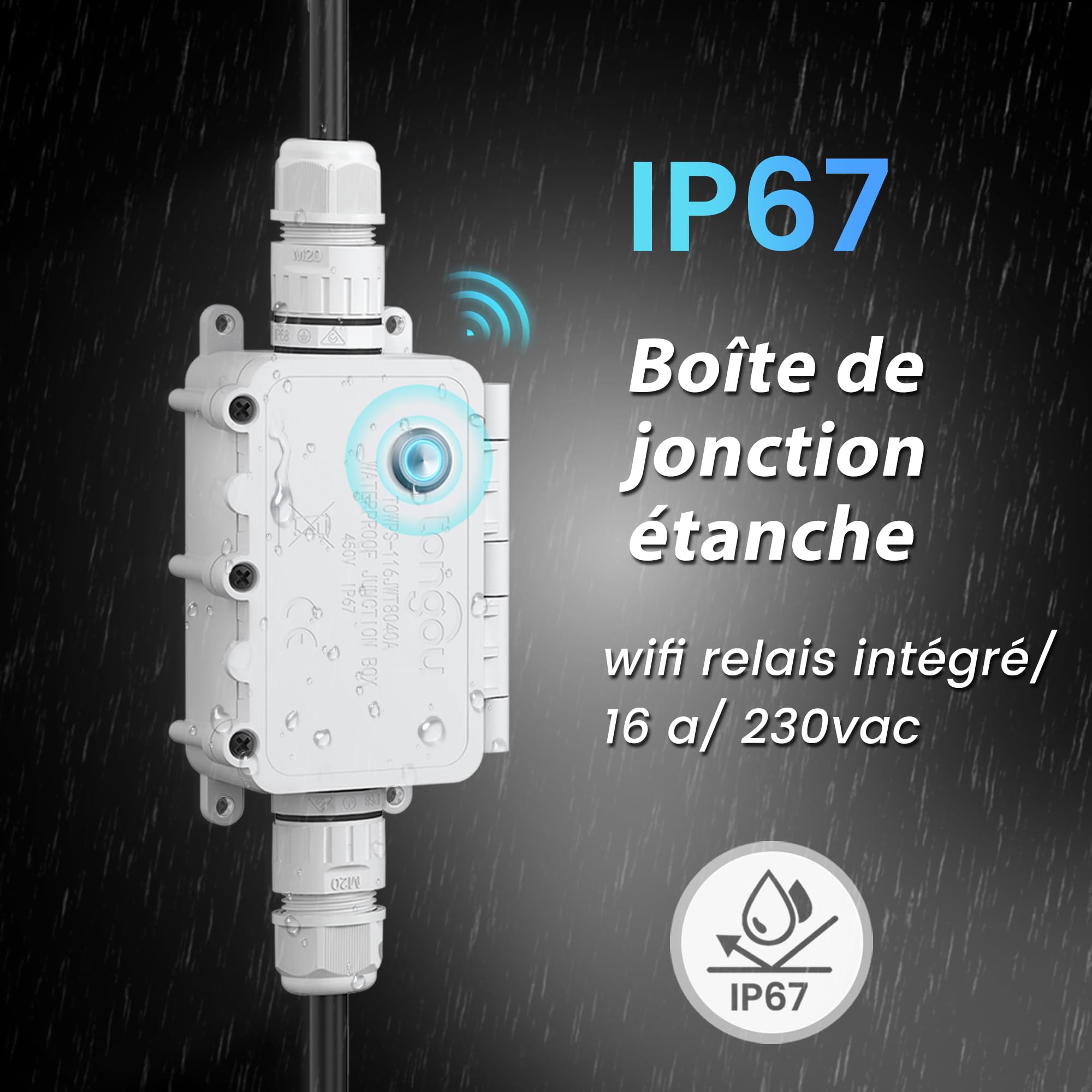TONGOU Smart life - Interrupteur 1 ~ 16 A, télécommande Wi-Fi, contrôle vocal, IP67, boîte de dérivation étanche avec mesure de consommation d'énergie, protection contre les surcharges