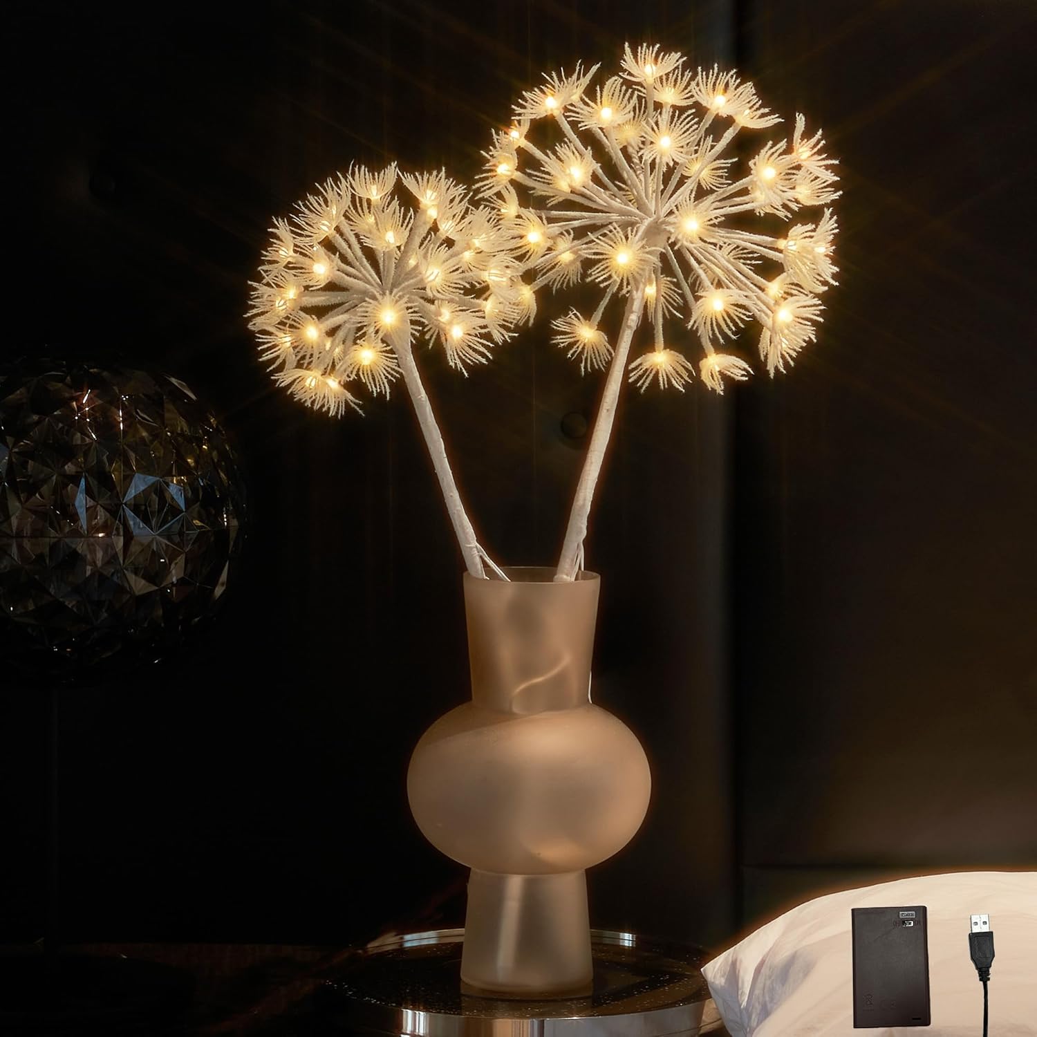 Hairui Lighted Willow Branches with Timer 70 Warm White LED Lights, Artificial Dandelion Branches with Lights 27IN Battery Operated and USB Plug in for Room Fireplace Table Christmas Decor Dandelion Branch 70L