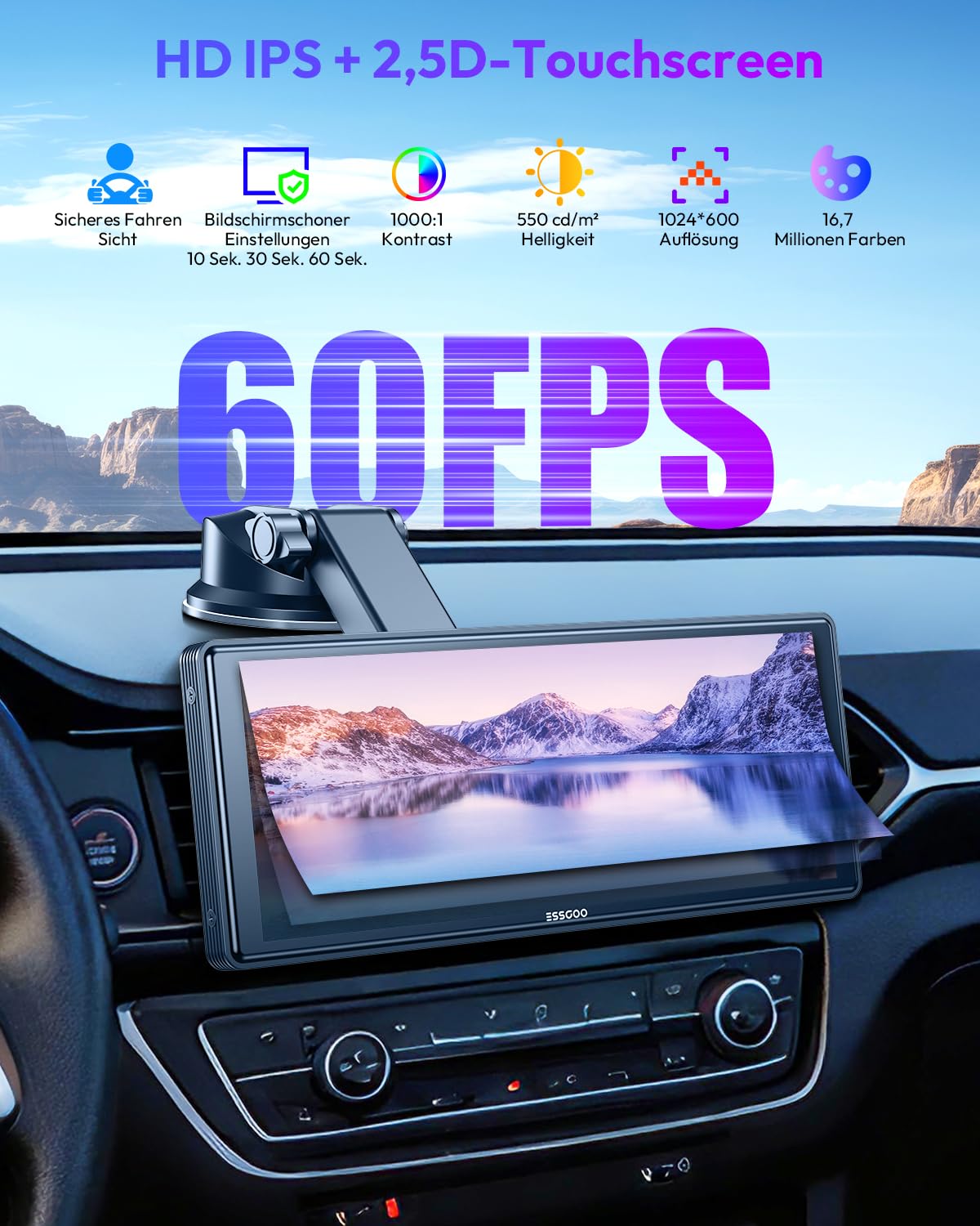 ESSGOO Carplay Android Auto Display mit Rückfahrkamera,10.26 Zoll Apple Carplay Bildschirm für Android Auto/AirPlay/Mirror Link,Wireless Touchscreen GPS Navigation,Bluetooth 5.3,AUX,FM,Sprachassistent