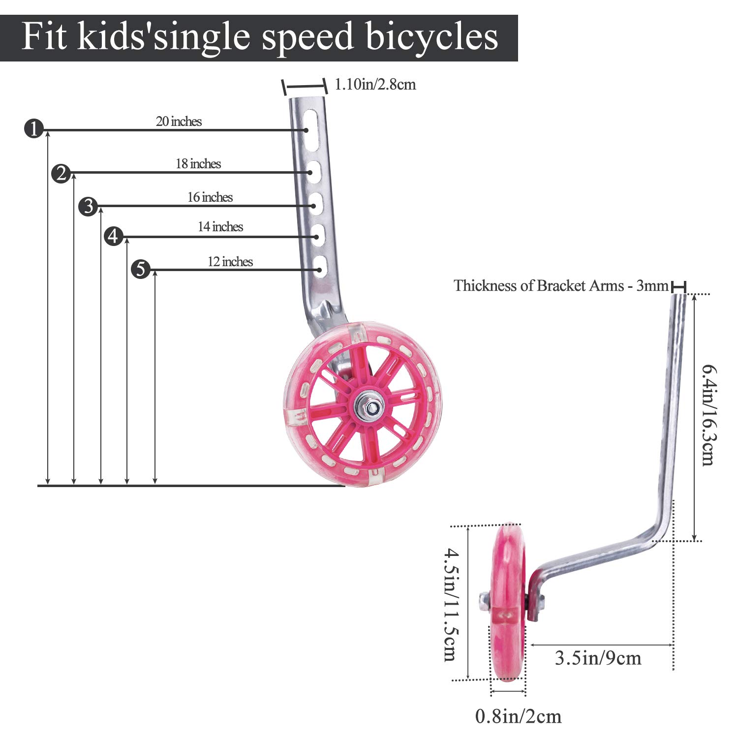 Ruote di Supporto per Bicicletta per Bambini, Stabilizzatori per Ruote Bici, 12, 14, 16, 18, 20 Pollici, 1 Coppia di Ruote di Sostegno di Sicurezza, Rosa