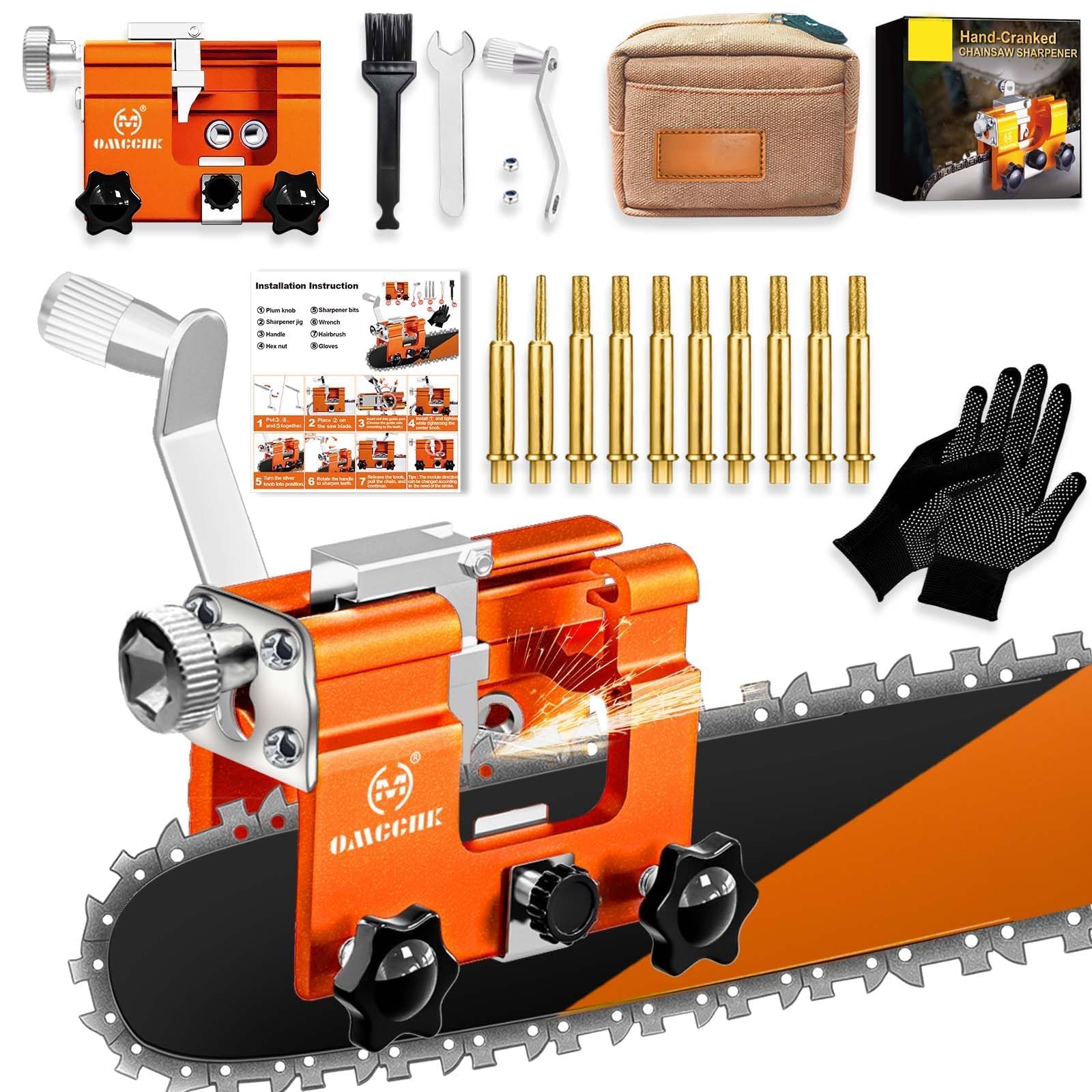 OMCCHK Chainsaw Sharpener Kit Portable Hand Crank Chainsaw Chain Sharpener Jig 4-22 Inch Gas & Electric Chainsaws Compatible Chainsaw Blade Sharpener with 10 Sharpening Burr & Carry Bag
