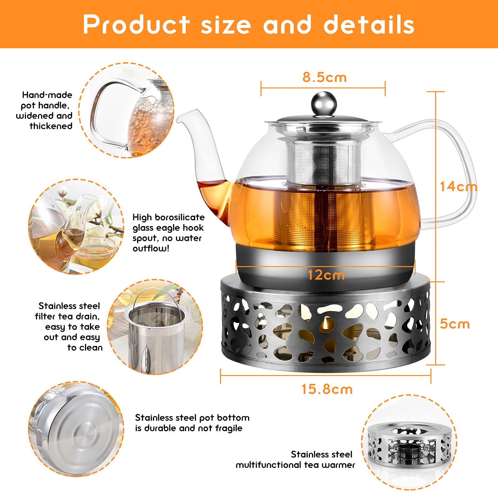Théière En Verre 1L Avec Réchaud Et Infuseur – Verre Borosilicate, Passoire Inox Amovible, Garde Au Chaud Longtemps, Idéale Cadeau