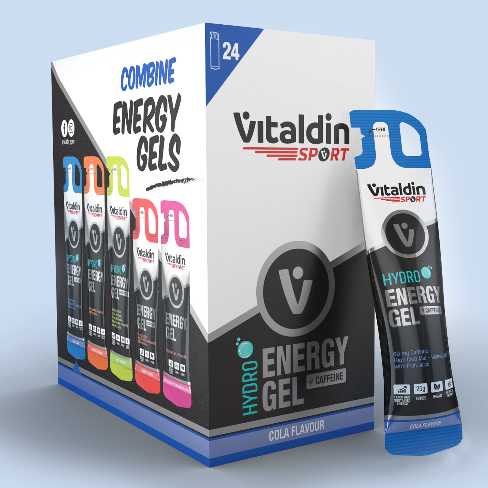 VITALDIN SPORT Hydro Energy Gel Caffeine – 24 Gel x 40 gr – Gel Énergétique Hydro goût Cola avec 60 mg de Caféine & Vitamine B6 – Énergie Immédiate et Soutenue – Running, Cyclisme & Sports d'endurance
