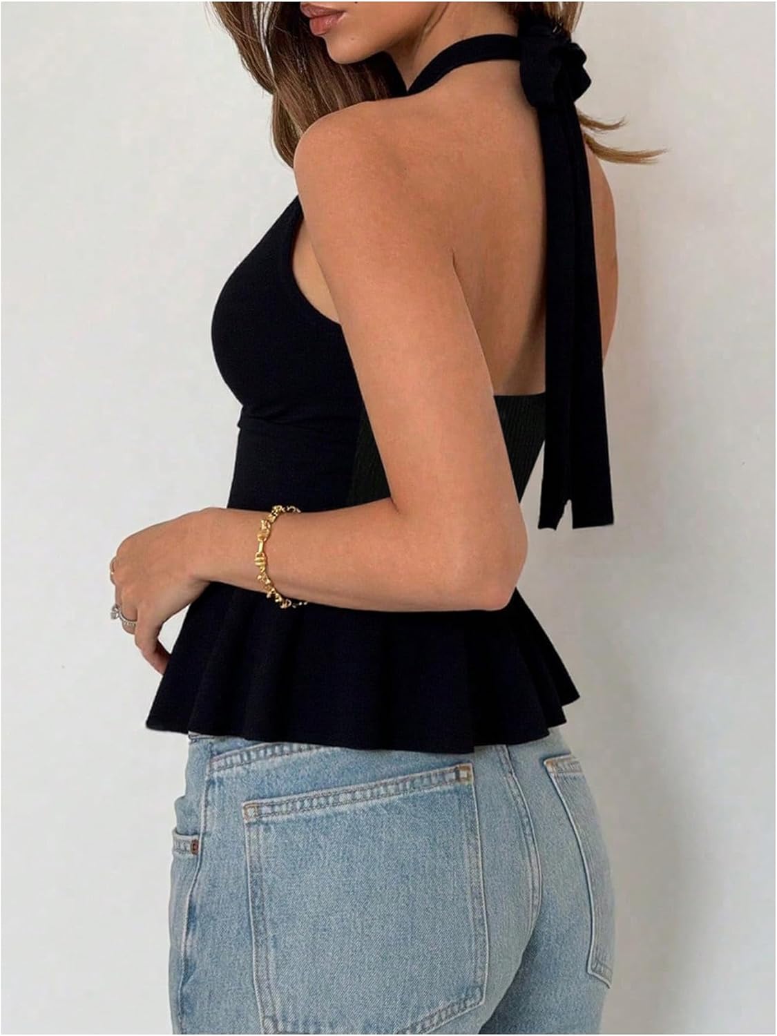 SOLY HUX Women's Halter V Neck Peplum Tops Wrap Tie Backless Sleeveless Ruffle Hem Going Out Tank Top - Image 2