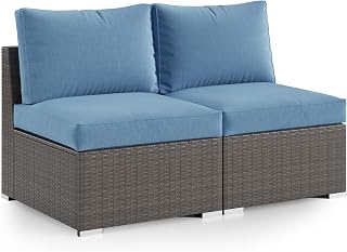 Wisteria Lane 2-Piece Outdoor Wicker Armless Patio Sofa with Cushions - Modular Sectional for Garden, Backyard, Blue