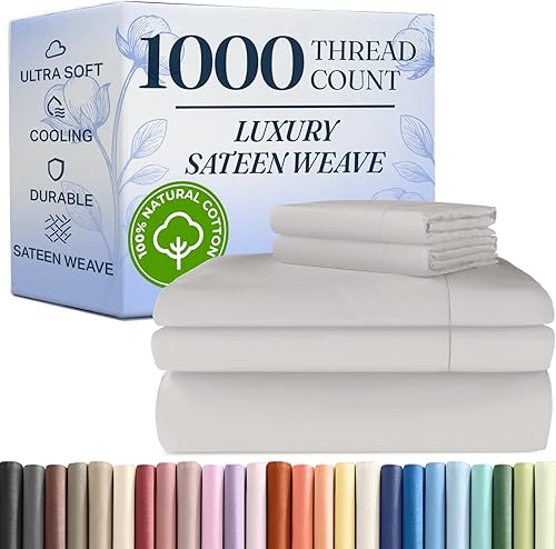 Juego de sábanas de 1000 hilos, sábanas 100% algodón, más suaves que el algodón egipcio, juego de 5 piezas, gris claro, tamaño King, tejido