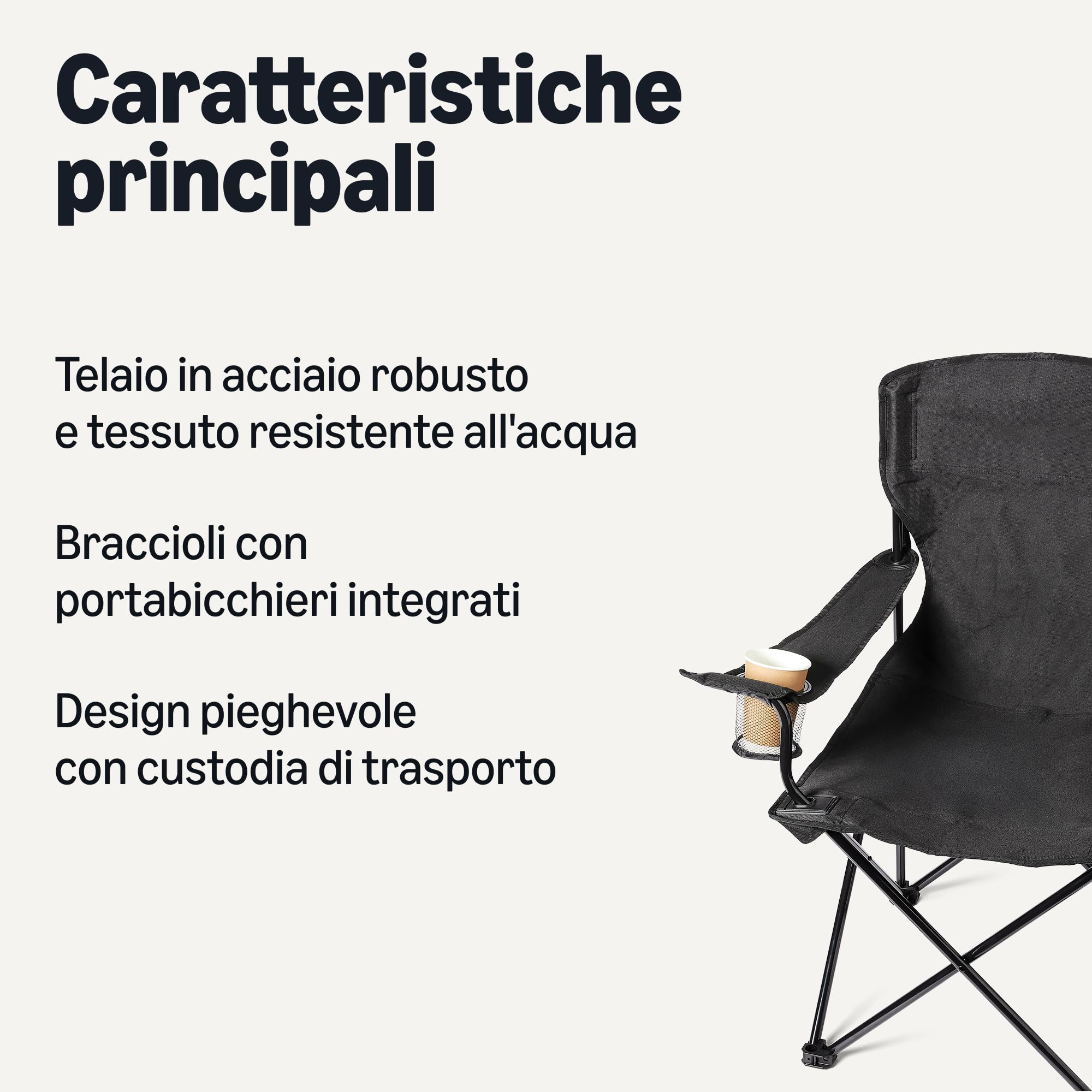 Amazon Basics Sedia da Campeggio Pieghevole con Portabicchieri - Sedia Outdoor con Telaio in Acciaio, Resistente all'Acqua, con Borsa per il Trasporto - 72,5x 52,5 x 93,2cm - Nero - Set da 2