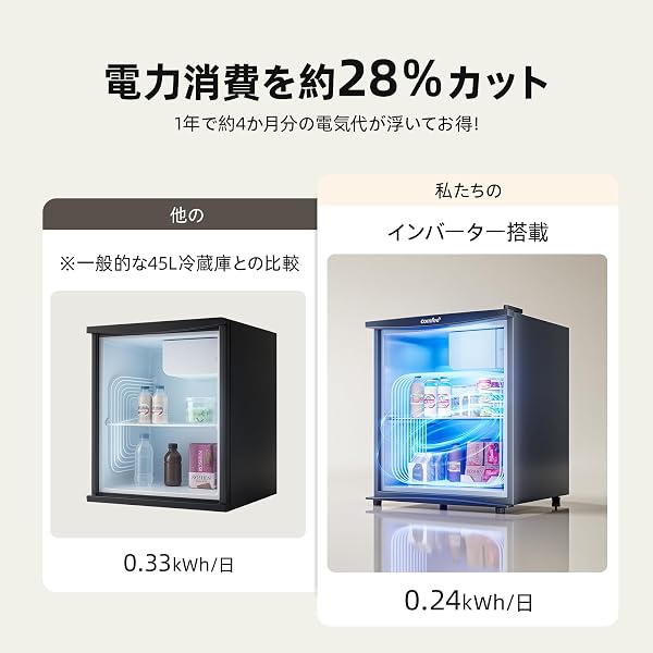 COMFEE' 45L インバーター 幅47.2cm コンパクト 静音25dB 省エネ 7段階温度調節 小型 一人暮らし キッチン/寝室/書斎/オフィス用 ミニ冷蔵庫 ブラック RCD45BL1JP(E) - 4