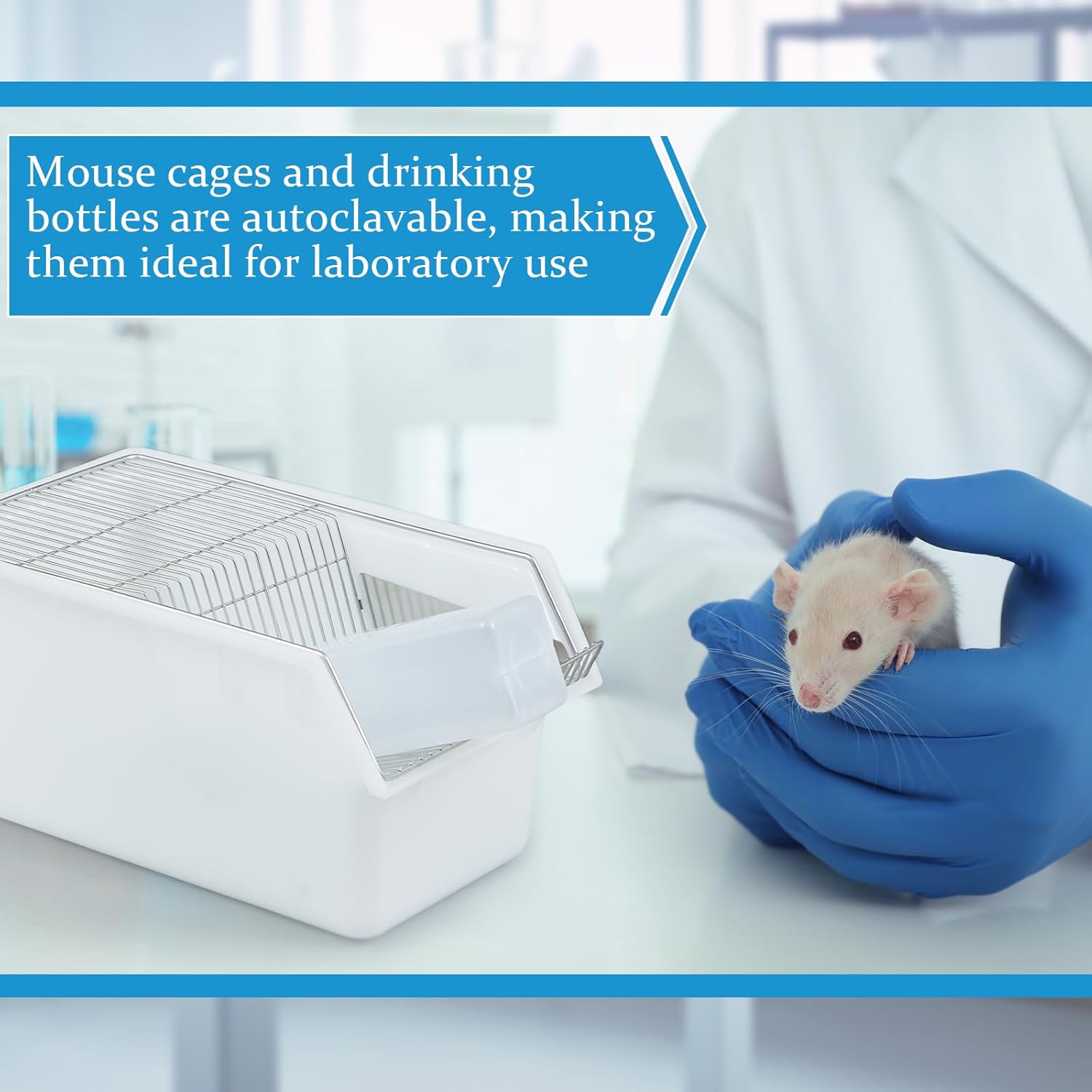 LemonRoad 2 Pack Small Lab Mouse Rat Breeding Cage 11.8"x7"x5.8" with 250ml Water Drinking Bottle for Small Lab Animals