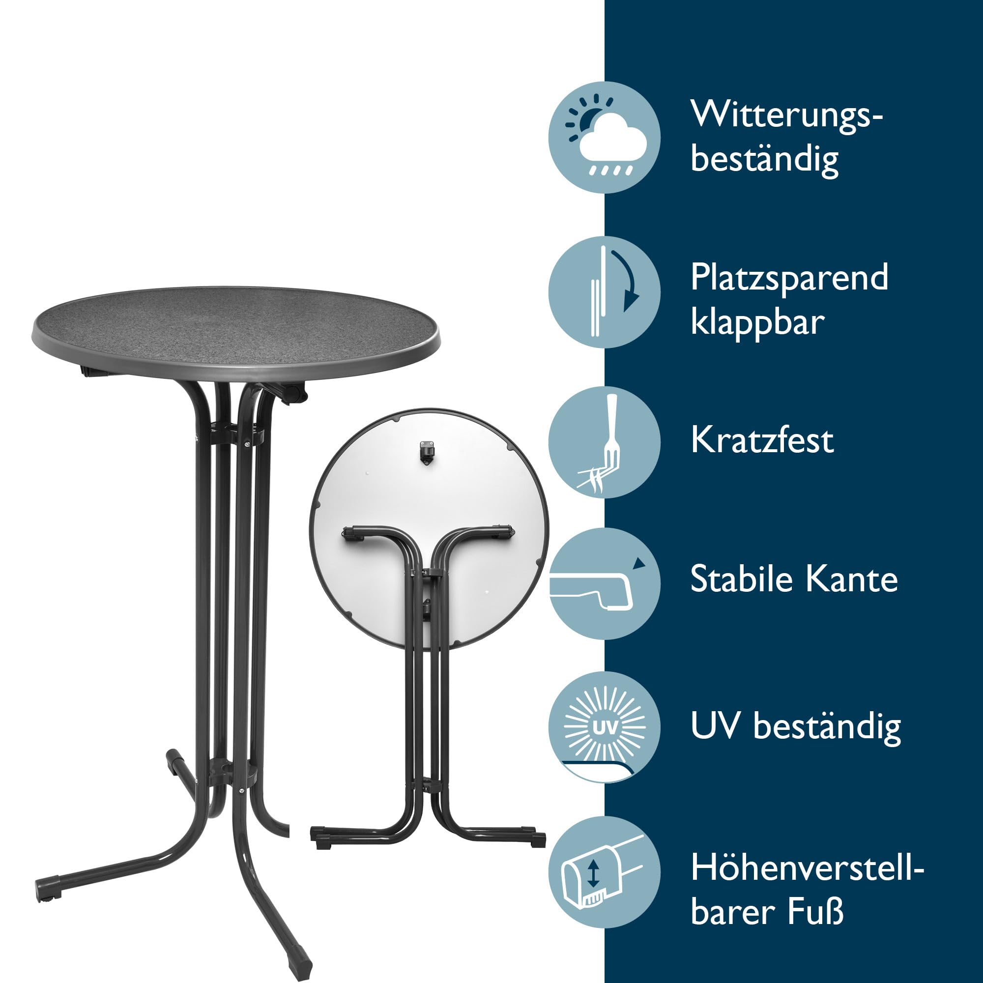 Beautissu Stehtisch mit Hussen – Klappbarer Stehtisch 70 cm Grau inkl. Stretchhusse Blau – rutschfest, Waschbar & Bügelfrei – Outdoor Bistrotisch Kratzfest & Wetterfest Bellini & Stella