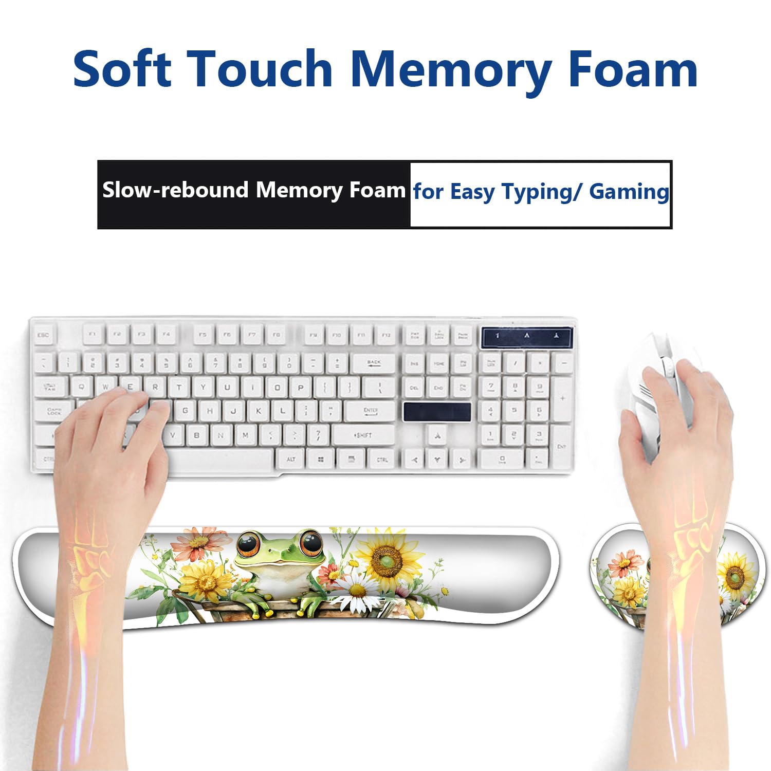 Großes Mauspad + Tastatur-Handgelenkauflage-Set, erweitertes Gaming-Mauspad (80 x 29 cm) mit rutschfestem Gummi, ergonomische Handgelenkauflage aus Memory-Schaum, Sonnenblume und Frosch