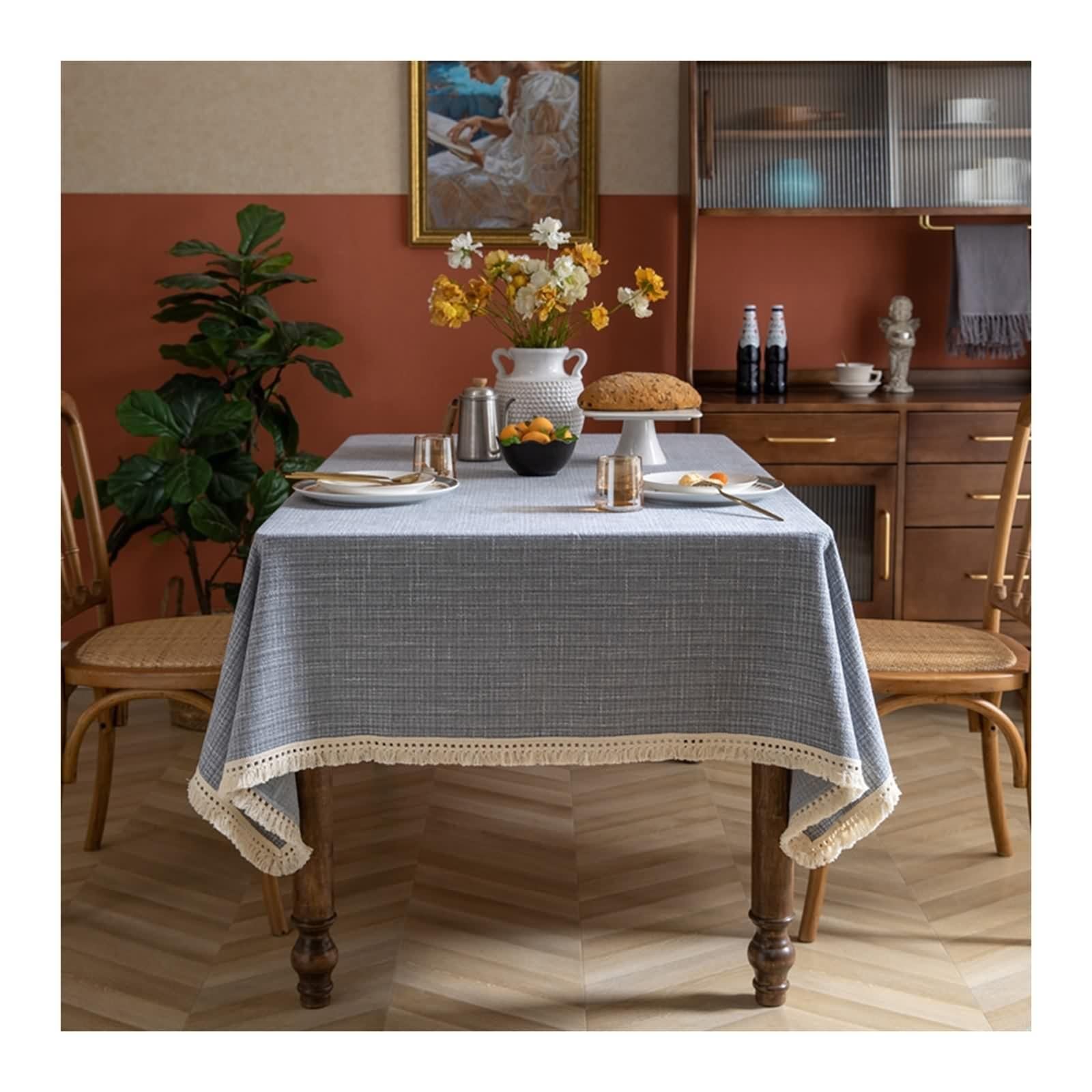 Tovaglia Rettangolare Grigia, Tovaglia Soggiorno Elegante Poliestere Tinta Unita con Nappa Copritavolo 100X140CM per Compleanno Festa Matrimonio