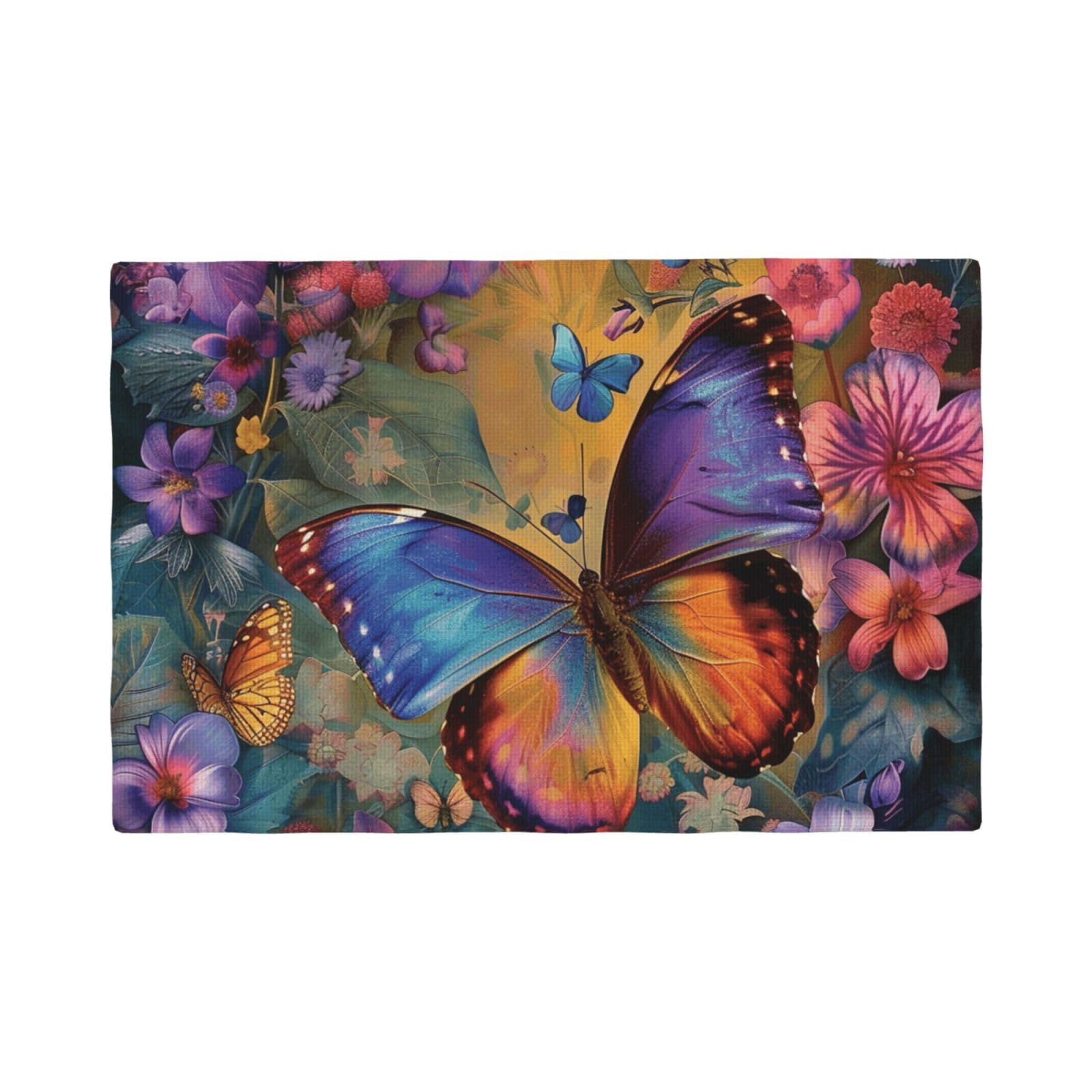 Flower butterfly Print Placemats Set, Heat Resistant Washable Placemat 12x18in Table Mats for Party Kitchen Dining Table Decoration Indoor Outdoor, Four Pieces