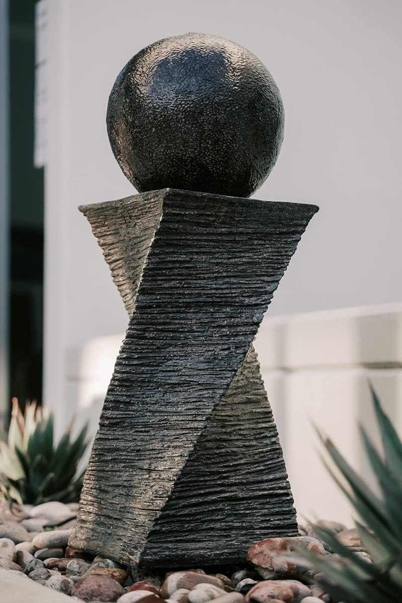 XBrandModern Zen Ball Water Fountain, Curved Swirl Sphere Indoor Outdoor Decor, 30 Inch Tall, Black