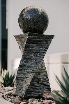 XBrand Modern Zen Ball Water Fountain, Curved Swirl Sphere Indoor Outdoor Decor, 30 Inch Tall, Black