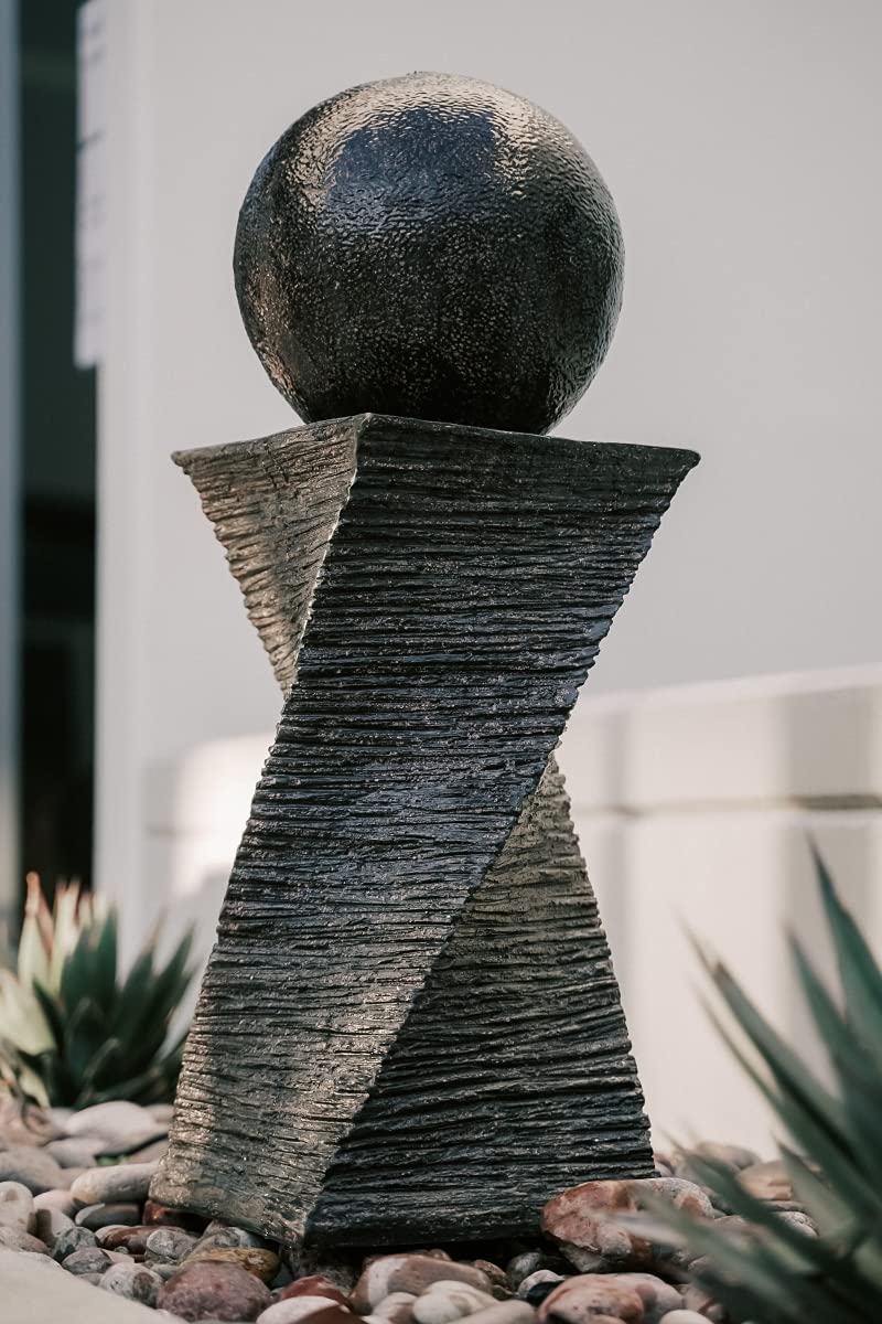 XBrandModern Zen Ball Water Fountain, Curved Swirl Sphere Indoor Outdoor Decor, 30 Inch Tall, Black