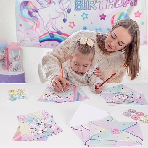 Miniatura 7 de WERNNSAI 24 invitaciones de cumpleaños de unicornio  Suministros de fiesta de unicornio arcoíris con sobres para niñas, cumpleaños, baby shower,