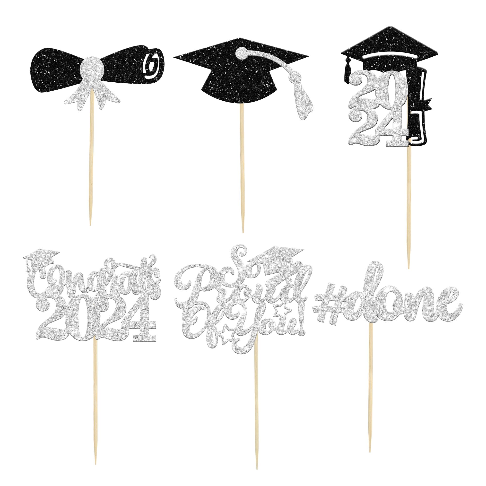Gyufise 24Pcs Graduation Cupcake Toppers 2026 Silver Glitter Class of 2026 Cupcake Toppers Supplies So Proud of You Congrats Grad Cap Diploma Cupcake Picks for Graduation Party Decorations - Image 3