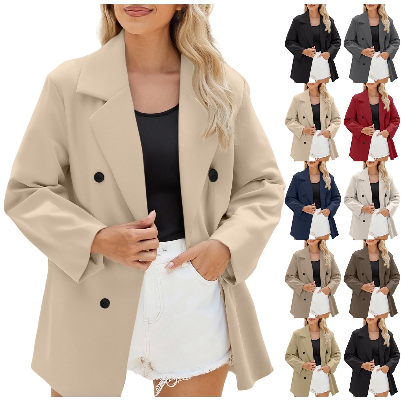 Blazer élégant pour femme - Longue veste blazer ouverte sur le devant - Col revers - Blazer long - Pour le travail, le bureau - Veste de transition - Tenue d'affaires - Veste de loisirs confortable