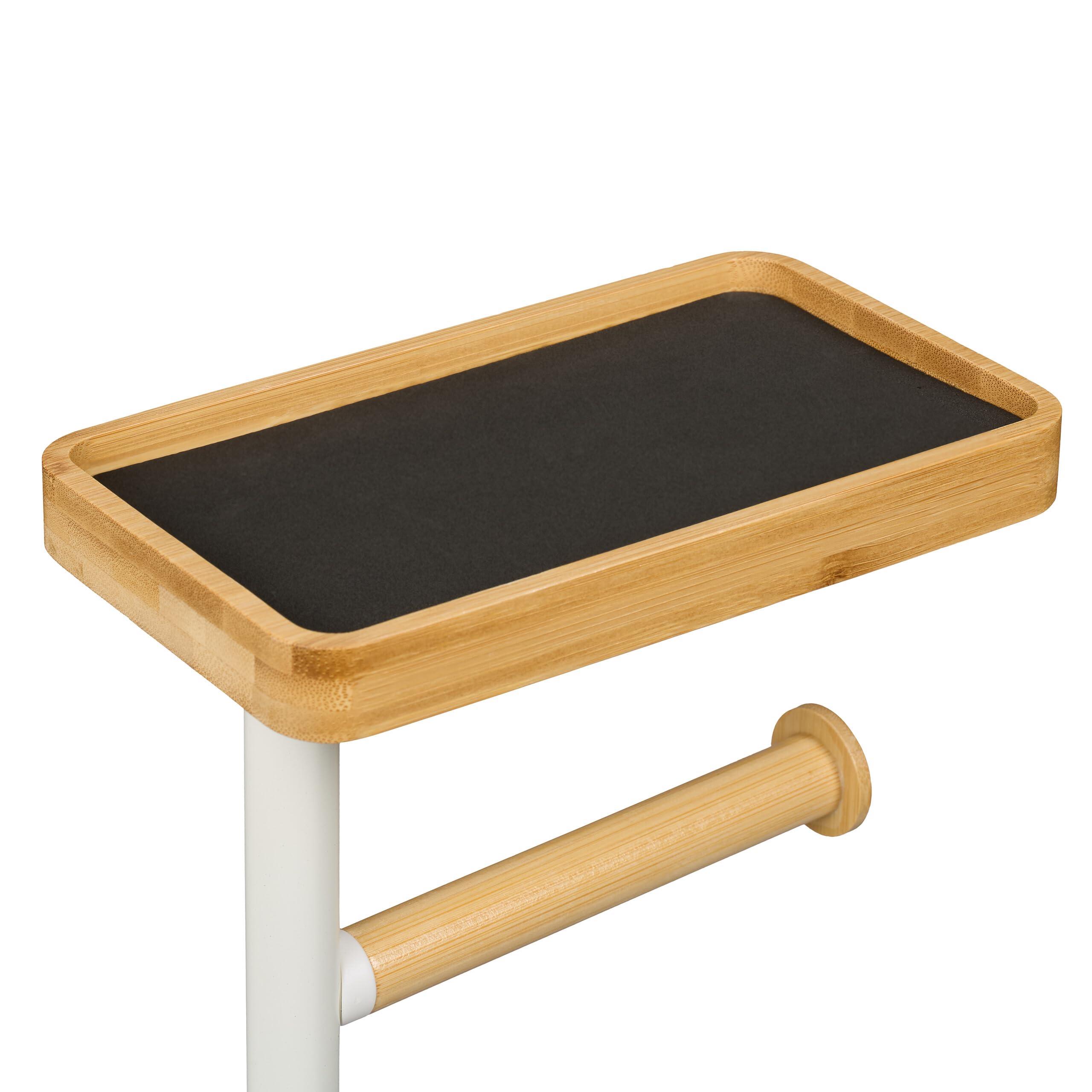 Relaxdays wc rolhouder, met plankje, toiletrolhouder staand, closetrolhouder zonder boren, metaal, bamboe, wit-natuur