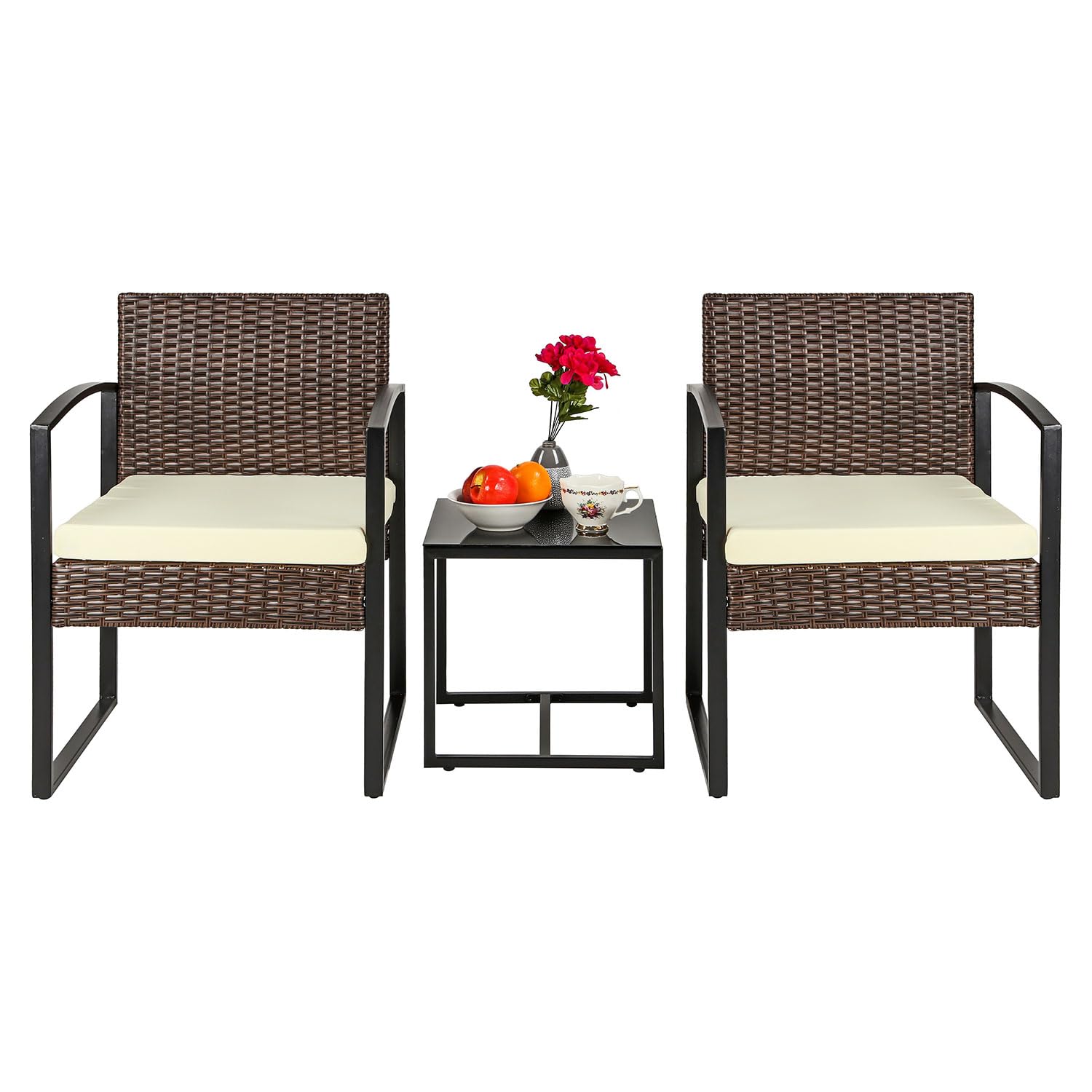 Taylor & Brown 3 Piece Bistro Set, Patio Rattan Furniture Set with Tempered Glass Coffee Table and Cushioned Chairs, Outdoor Wicker Conversation Sets for Garden Balcony Backyard Poolside (Brown/Beige)