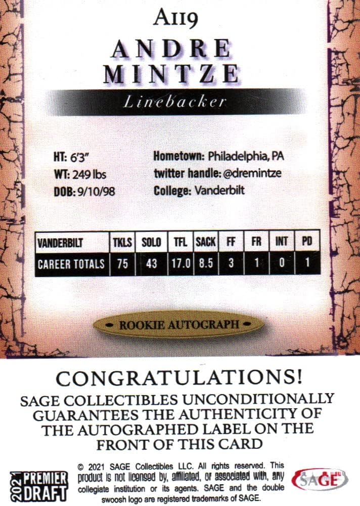 Andre Mintze Autographed Premier Draft Rookie Card Collectible Football Card - 2021 Sage Premier Draft Football Card #A119 (Vanderbilt) Free Shipping & Tracking