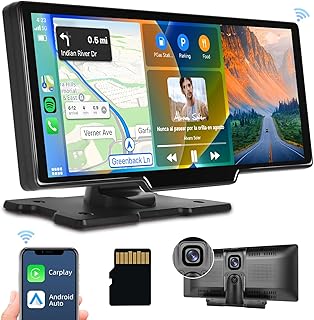 Portable Wireless Apple Carplay Car Stereo,podofo 9.3 inch HD IPS Touchscreen Car Radio Support Bluetooth/Maps Navigation/Wireless Android Auto/AUX/TF,Built in Front View Camera,Loop Recording