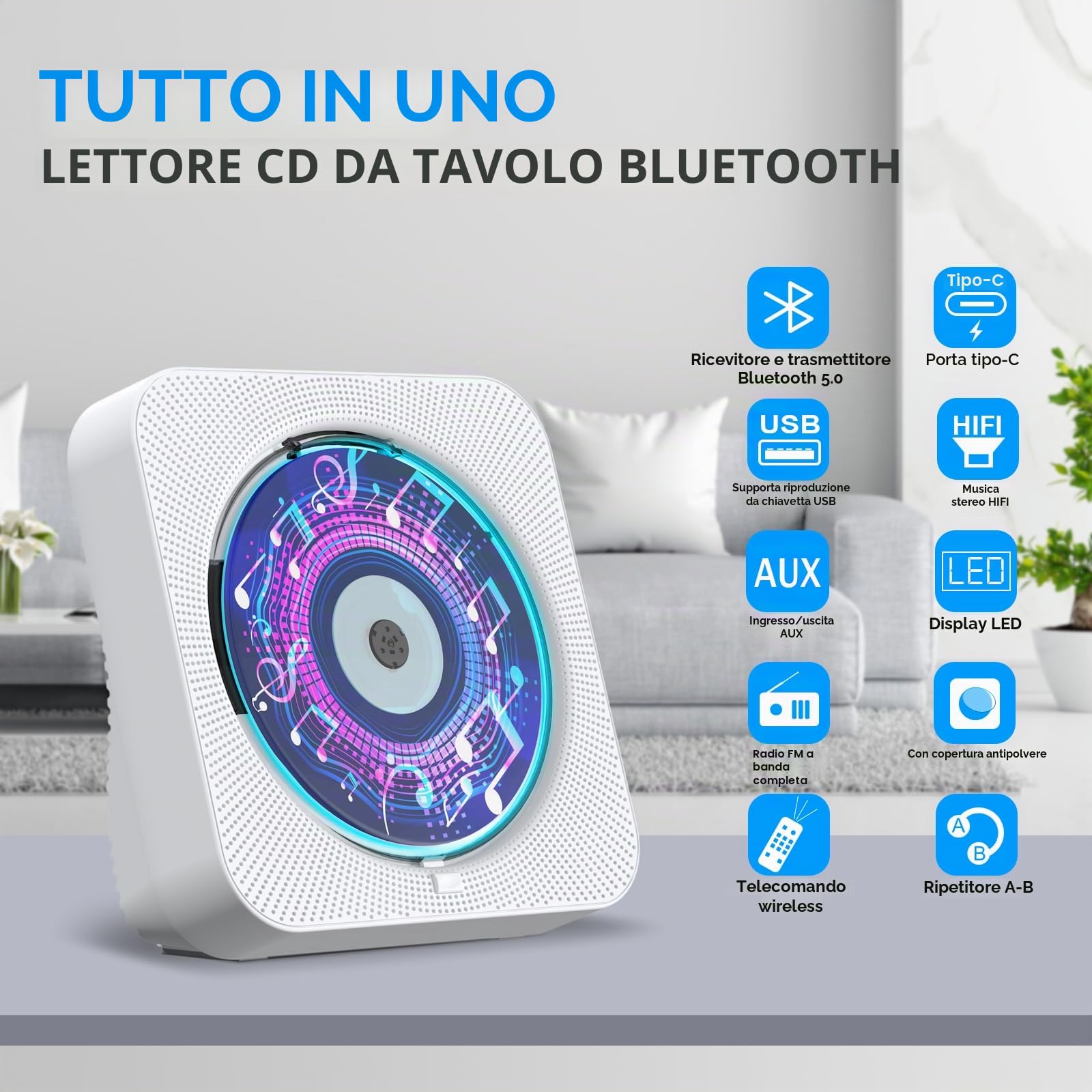 Gueray Lettore CD Bluetooth Hifi Con Altoparlante, Telecomando, Protezione Antipolvere, Schermo LED, Timer, Radio - Supporta AUX, USB, TF Card Playback