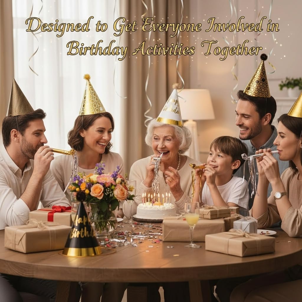 36 Pcs Party Birthday Hats Set – Gold Cone Hats with 12 Paper Party Hats and 24 Noise Makers for Kids and Adults Celebrations - Image 4